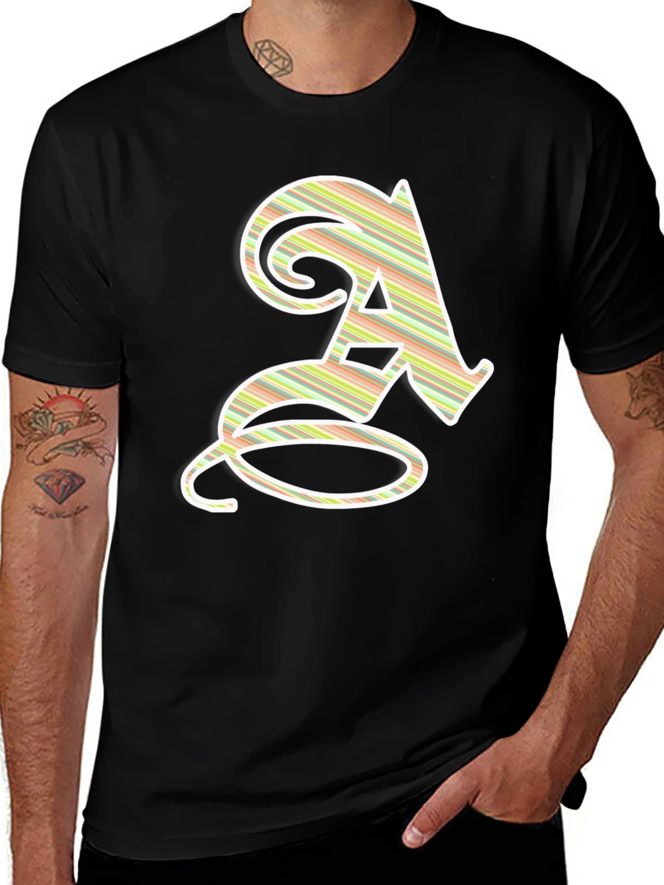 Variant 6 of Striped Initial 'A' Graphic Tee - Classic Black Shirt