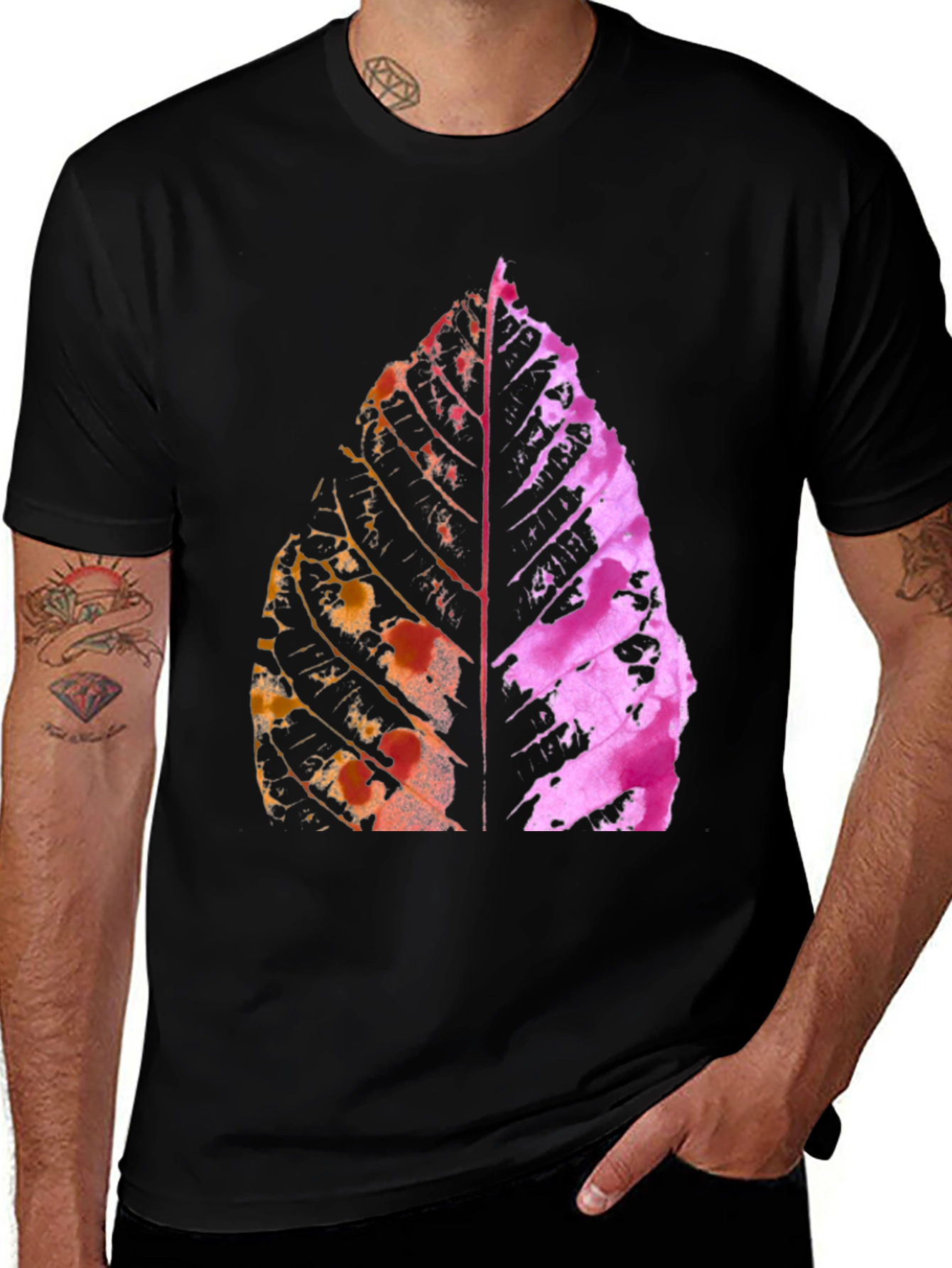 Variant 12 of Unique Leaf Print Black T-Shirt