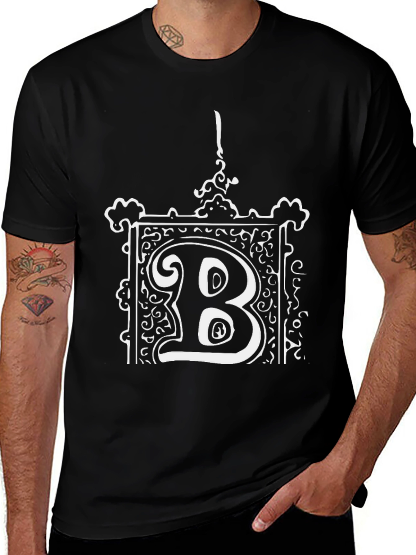 Ornate "B" Graphic Tee - Black Cotton Blend