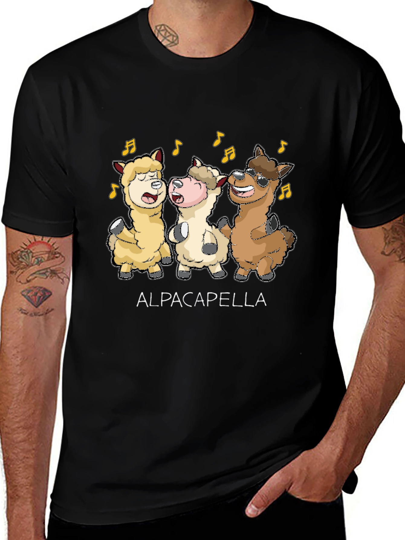 Alpacapella Black T-Shirt - Musical Alpaca Cartoon