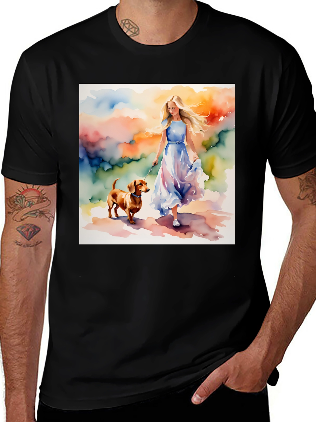 Variant 16 of Watercolor Woman and Dog Graphic Tee - Soft Cotton