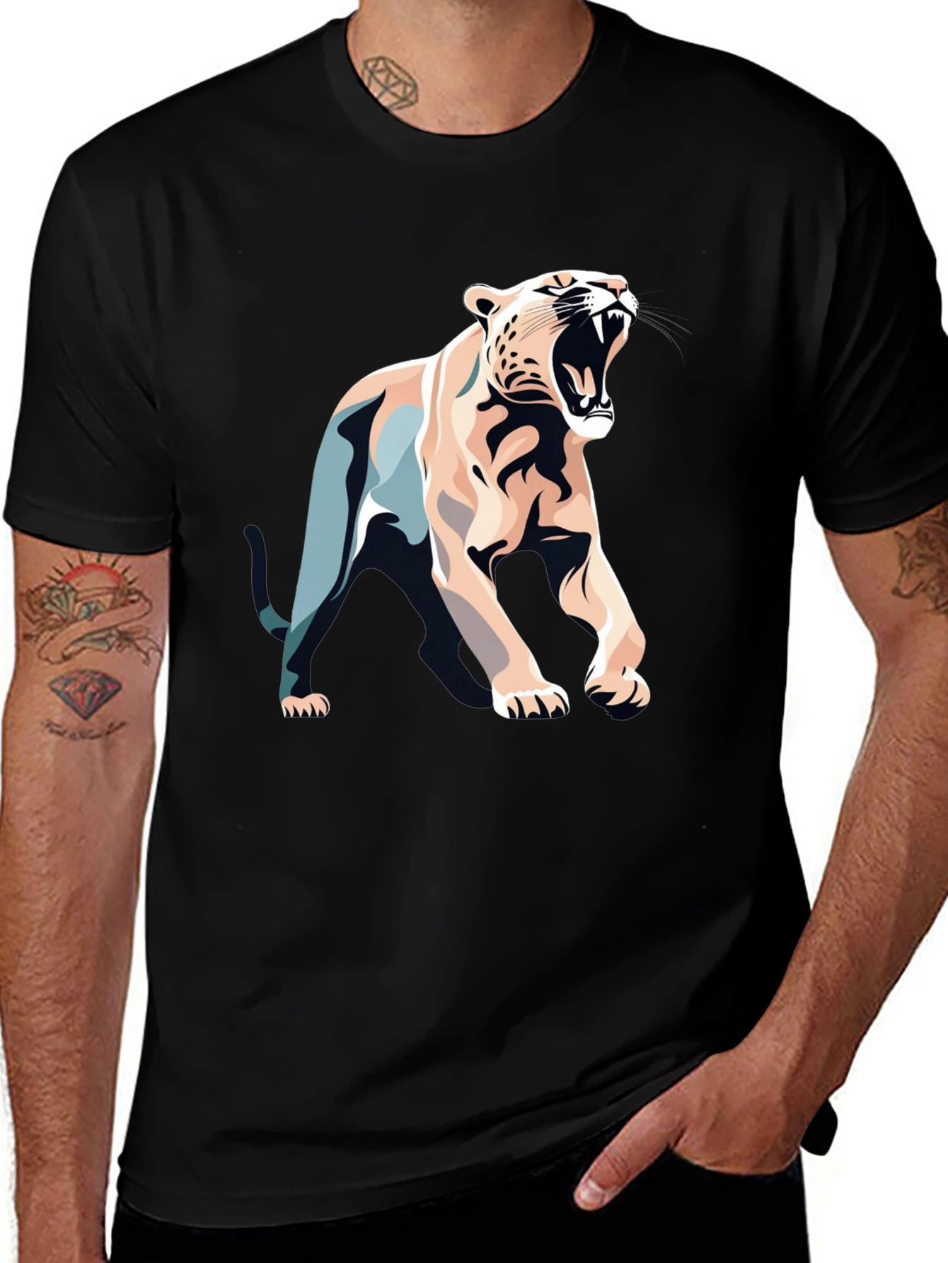 Variant 24 of Black T-Shirt with Bold Roaring Cat Graphic