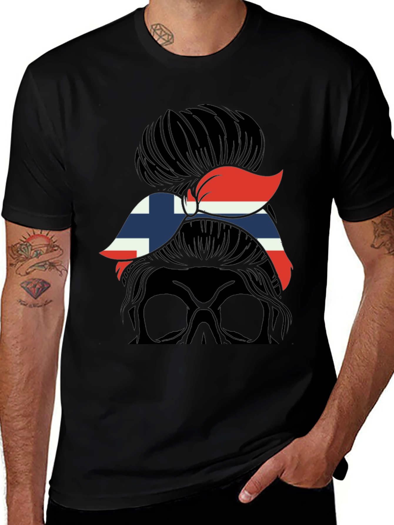 Norway Flag Messy Bun Skull T-Shirt