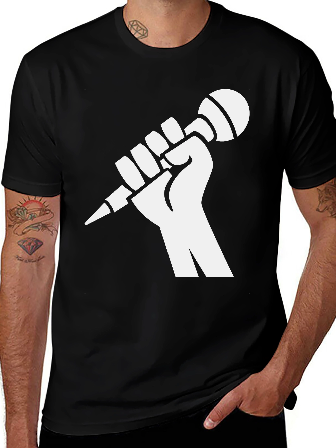 Variant 11 of Black Tee: Raised Fist Microphone Design