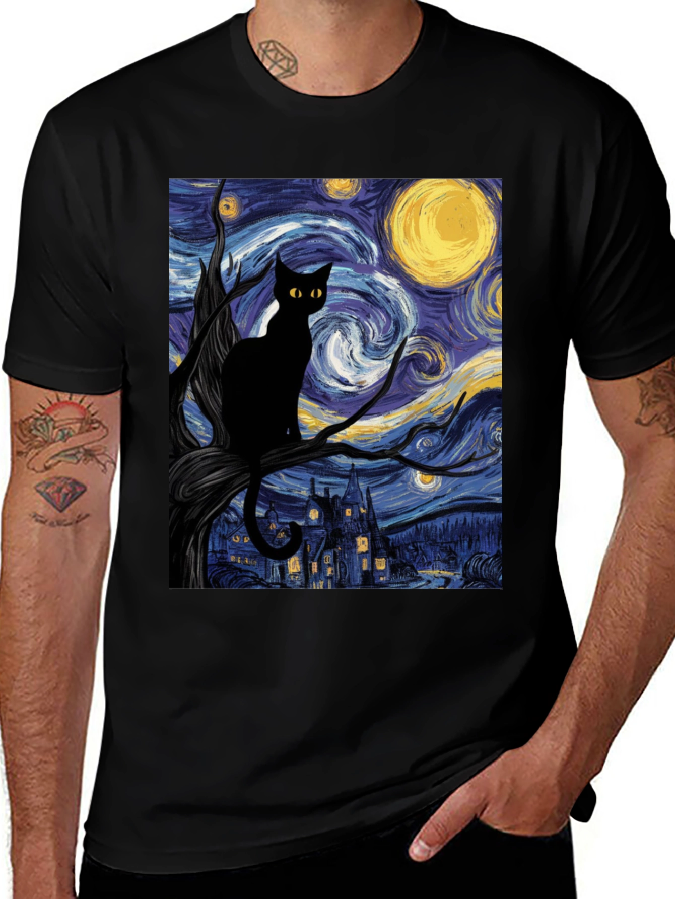 Variant 18 of Starry Night Cat T-Shirt - Artistic Black Tee