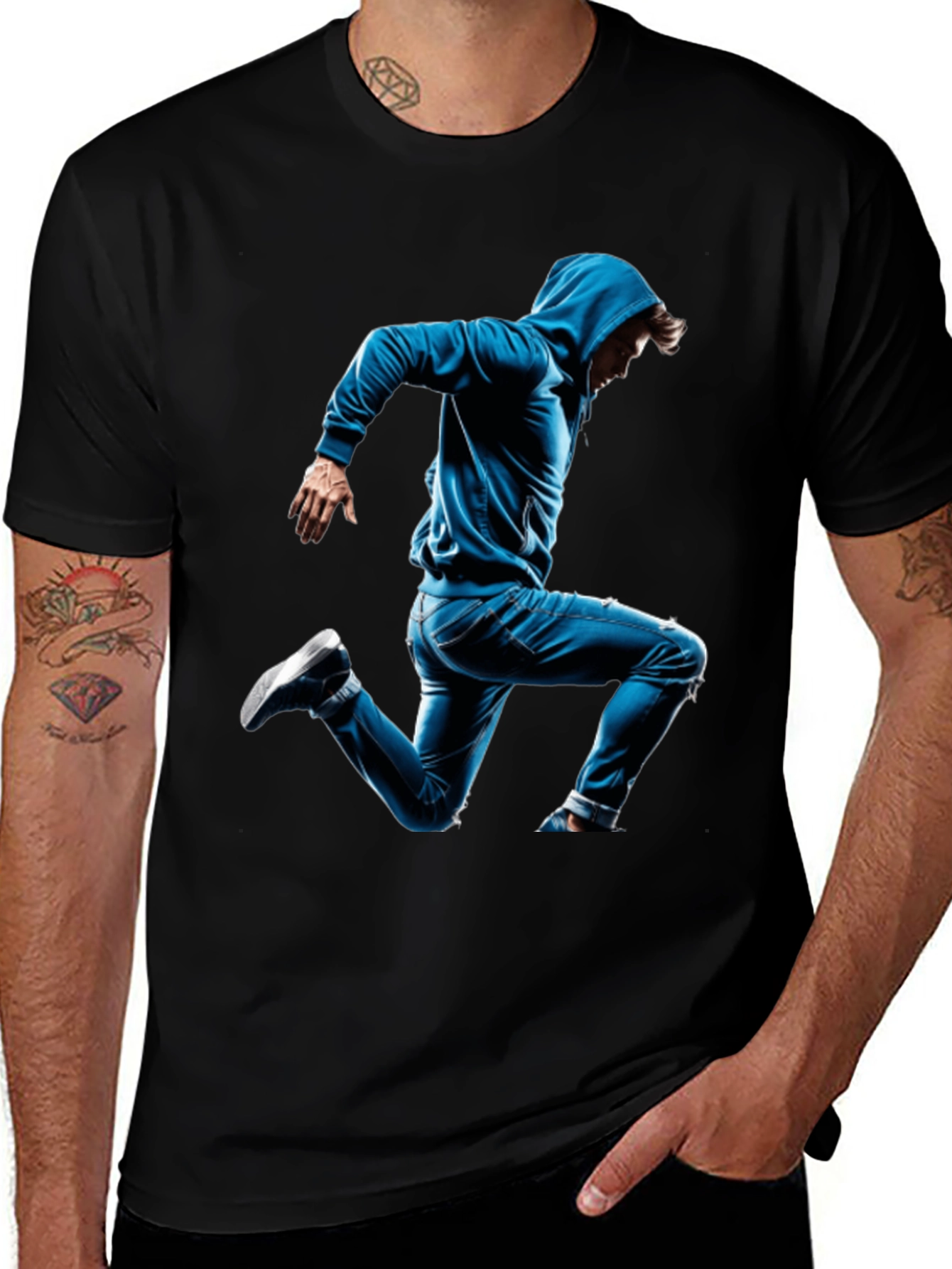 Black T-Shirt with Blue Hoodie Jumper Design