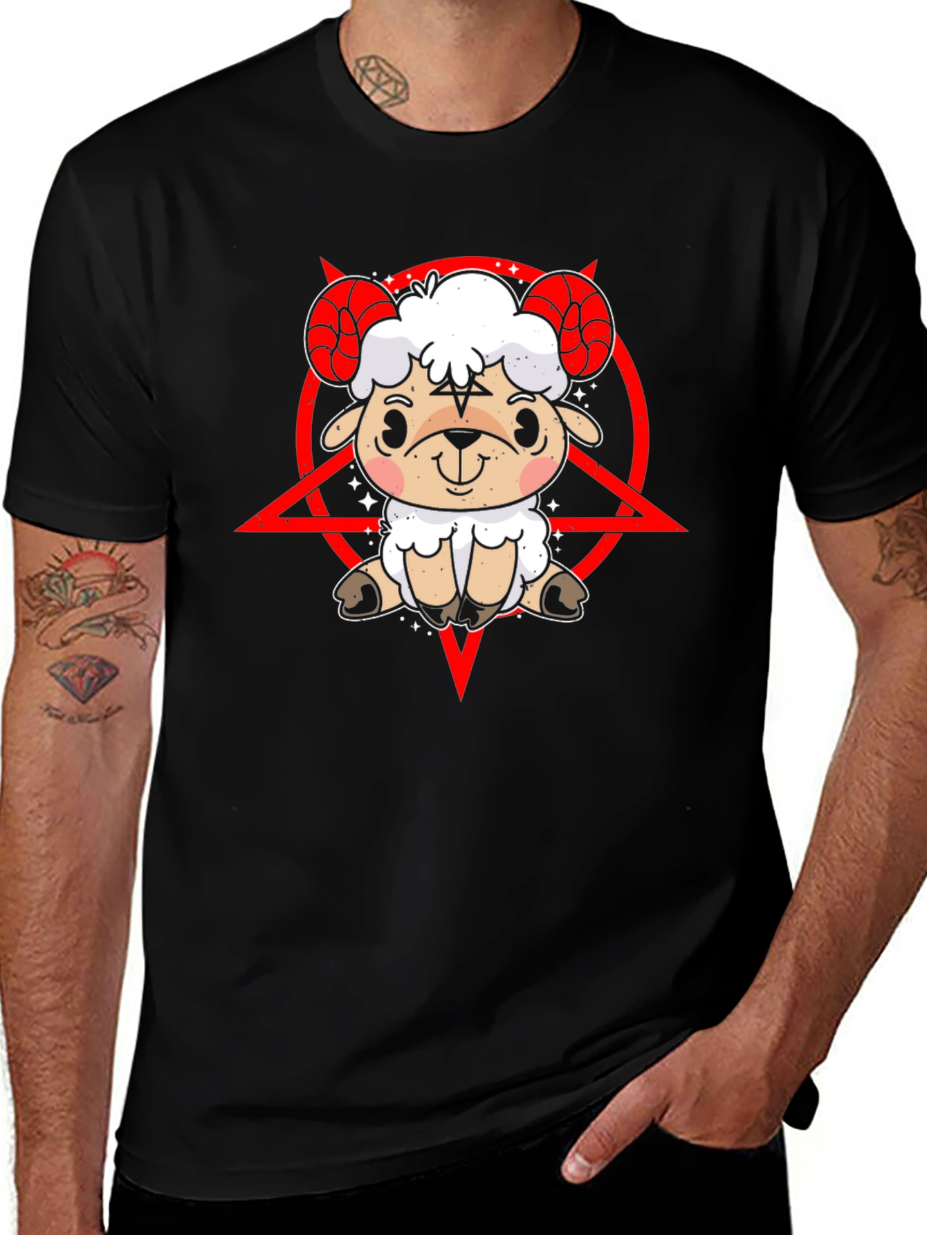 Variant 21 of Cute Satanic Sheep T-Shirt - Black Cotton Tee