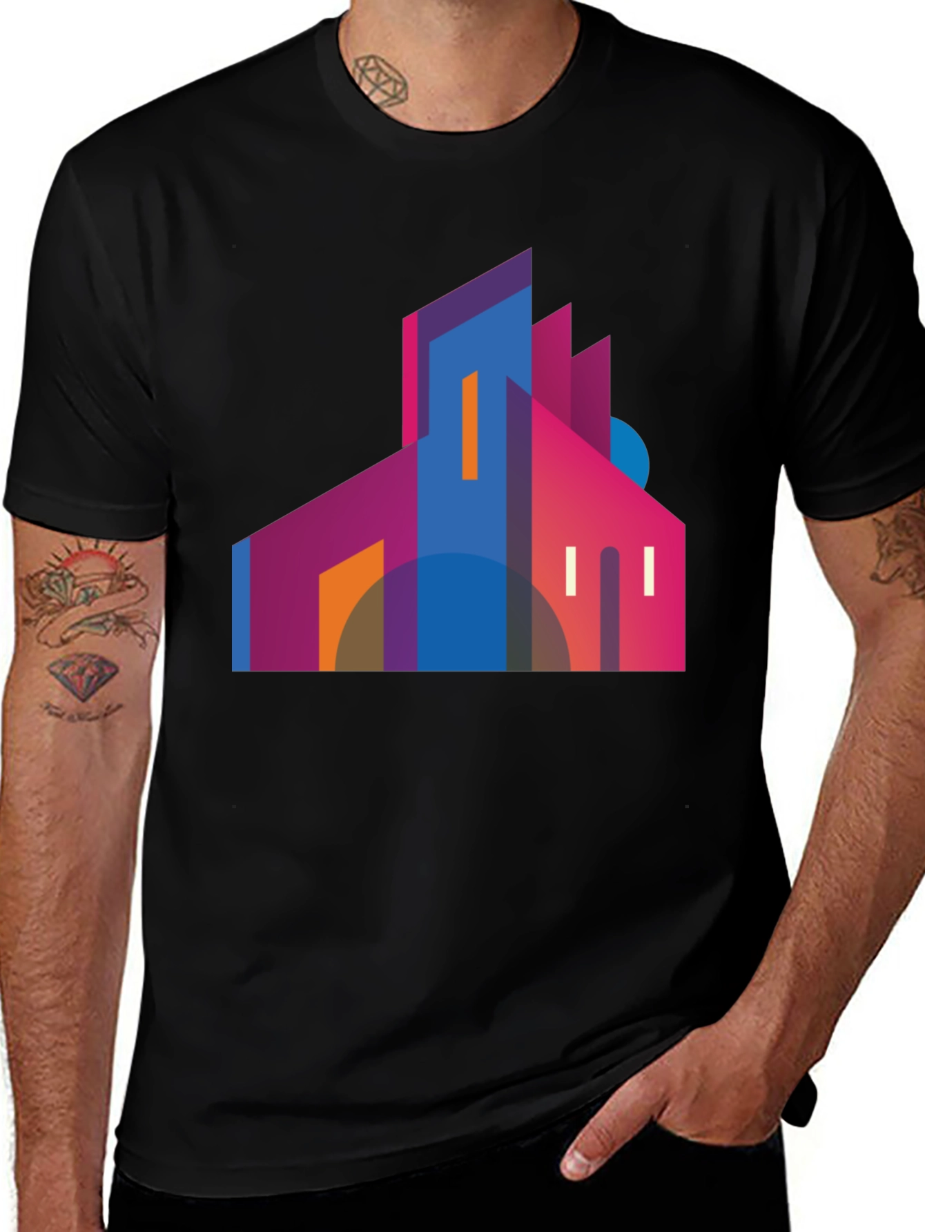 Variant 13 of Modern Geometric Building Graphic Tee - Black