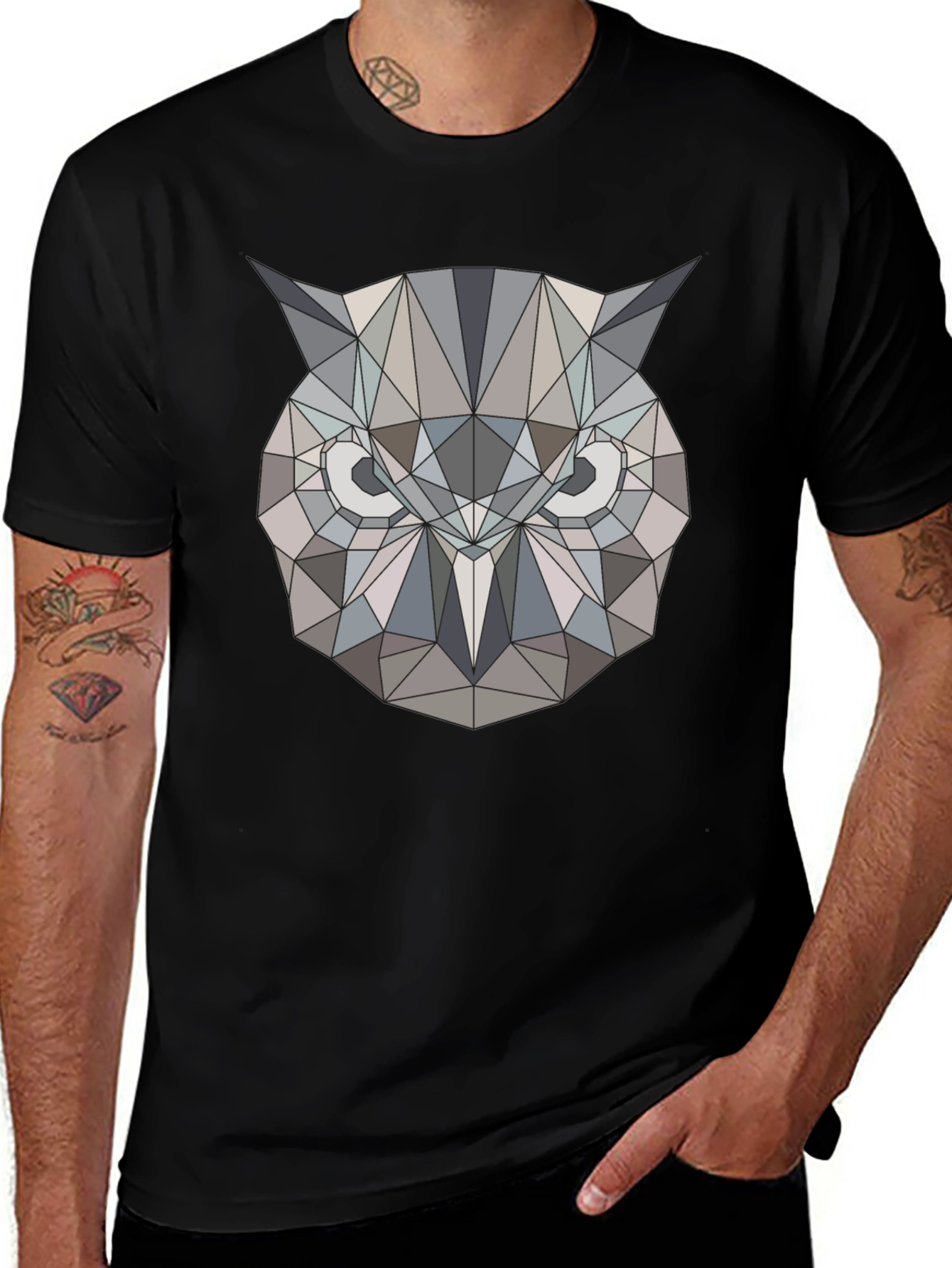Variant 11 of Geometric Owl Print Black T-Shirt