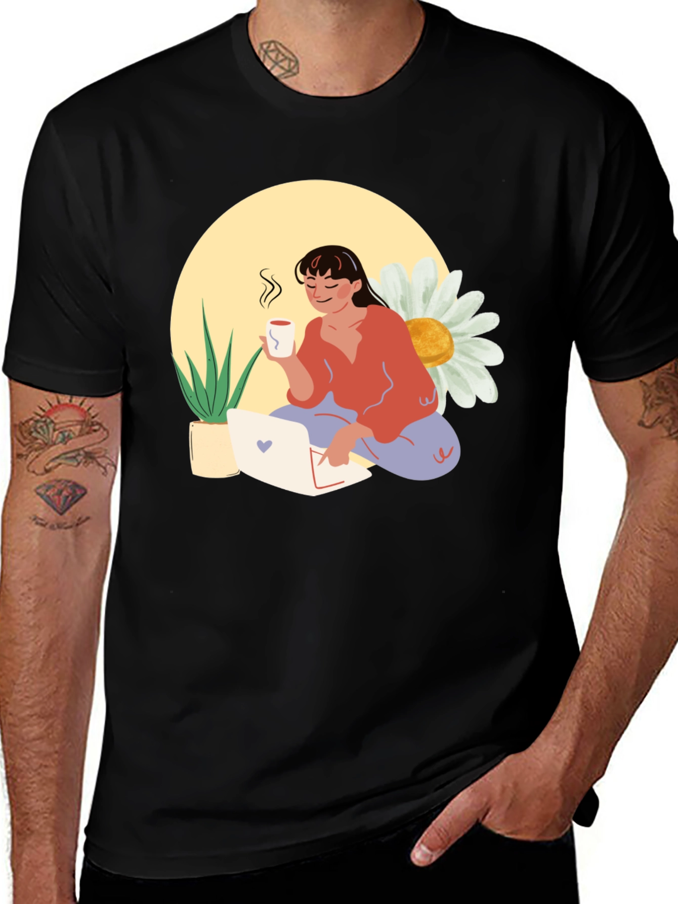 Variant 16 of Woman with Coffee Graphic Tee - Black