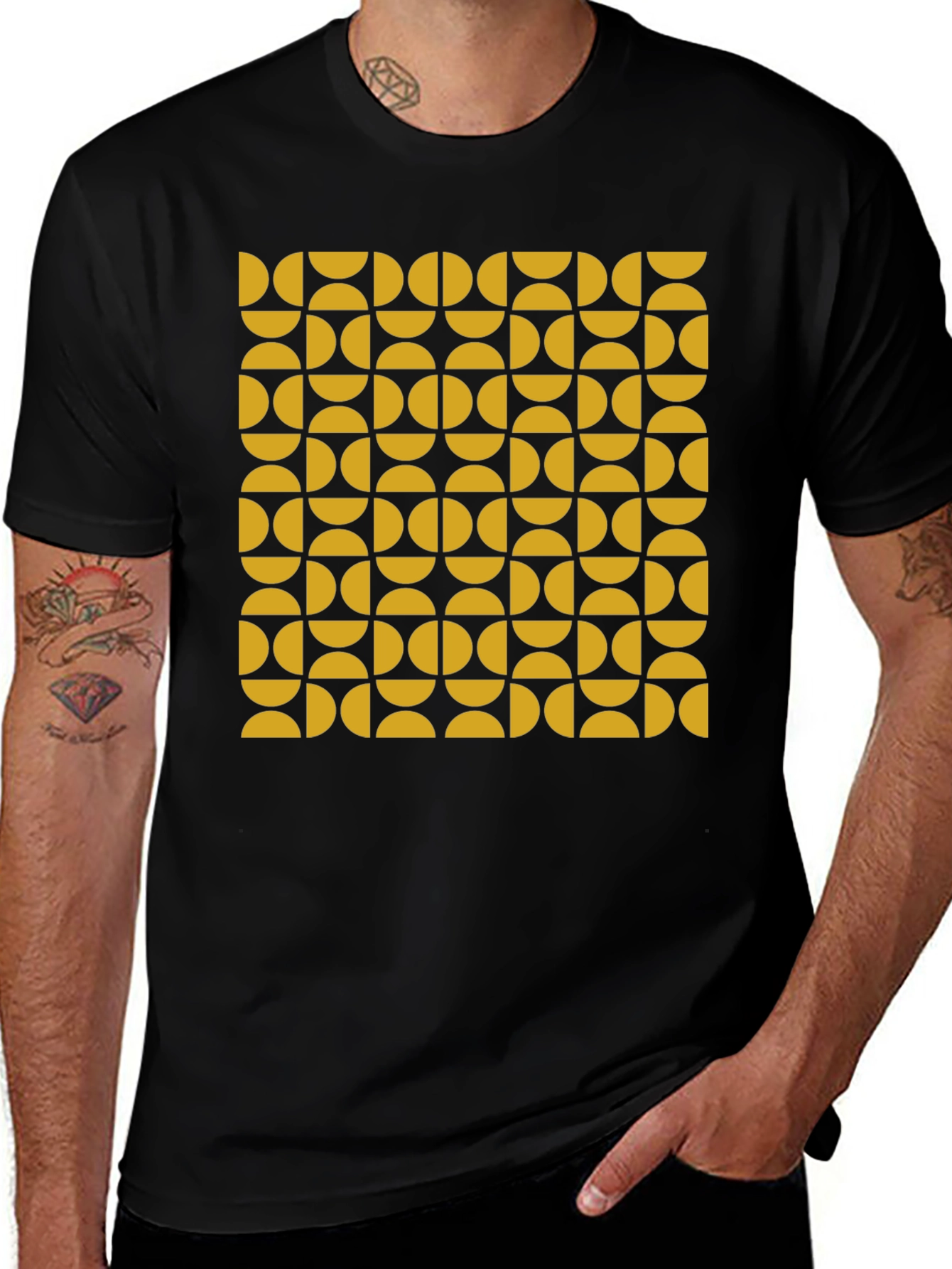 Variant 29 of Retro Geometric Pattern Tee - Mustard & Black
