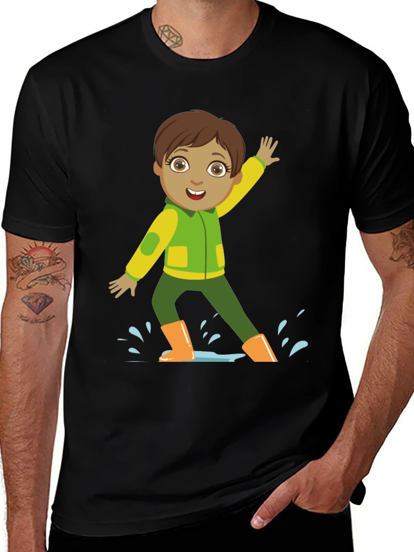 Variant 26 of Cartoon Boy in Rain Boots Black T-Shirt