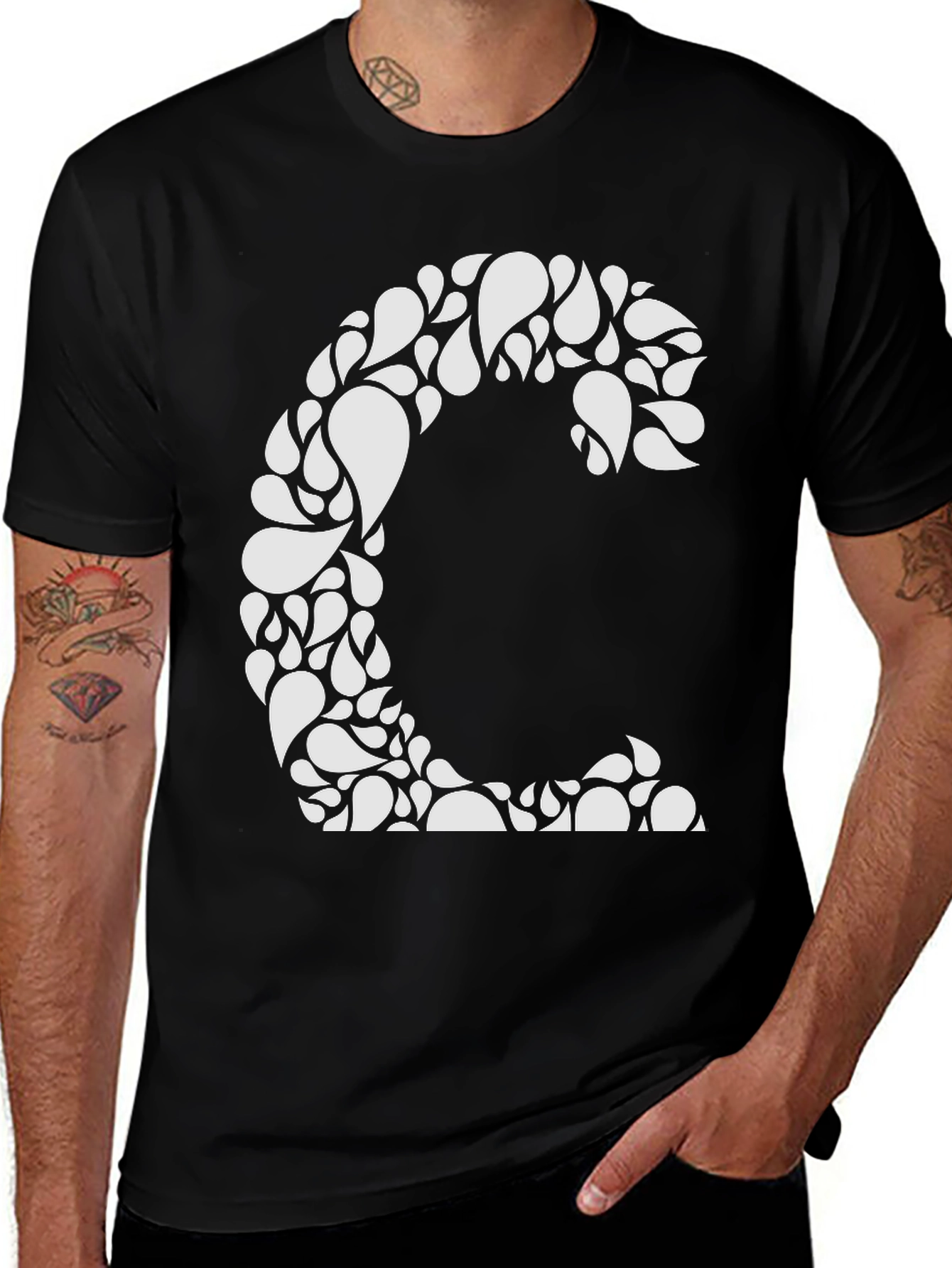 Variant 5 of Abstract Floral Initial C Black T-Shirt