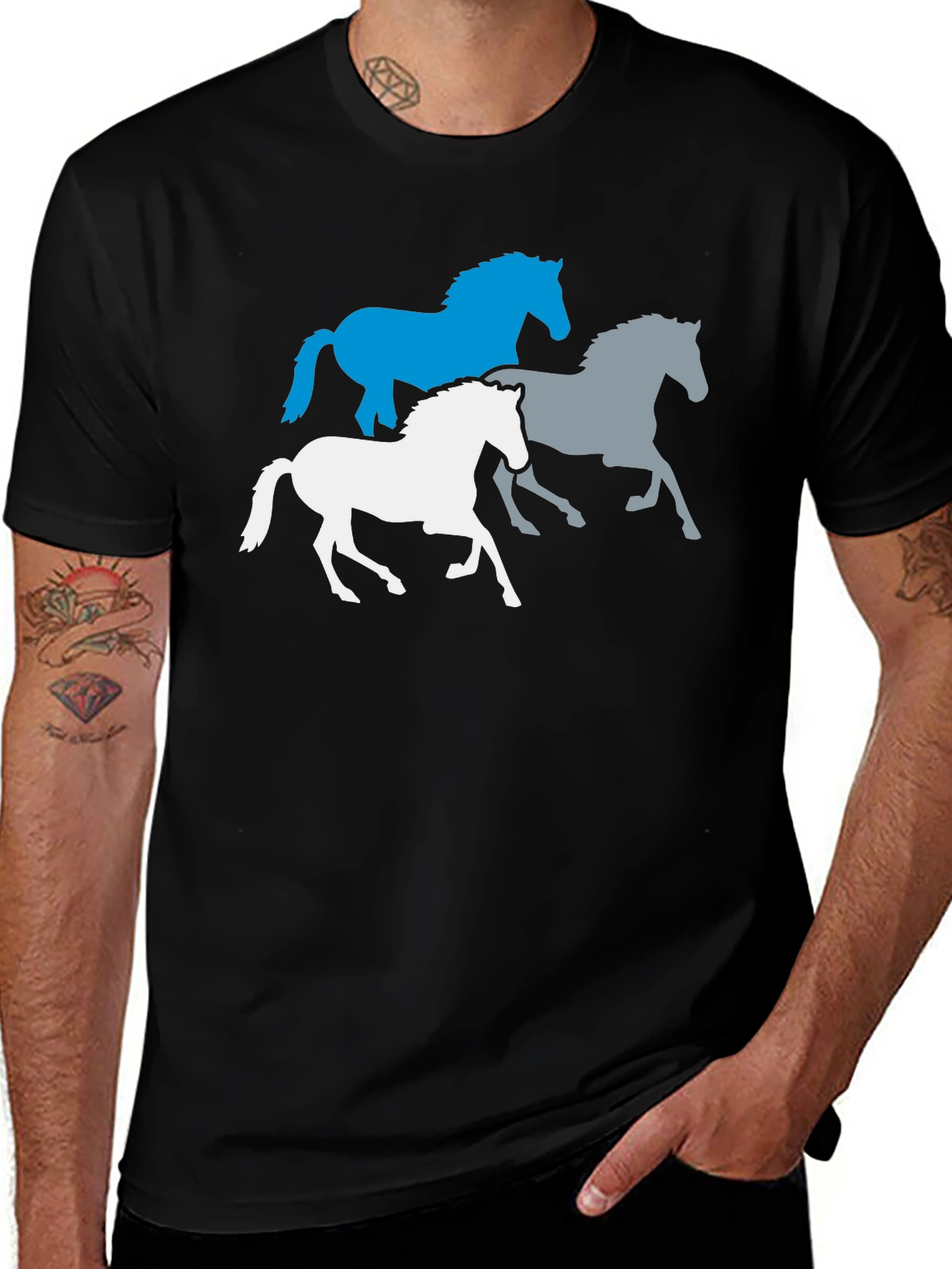 Variant 21 of Men's Black T-Shirt with Horse Silhouettes