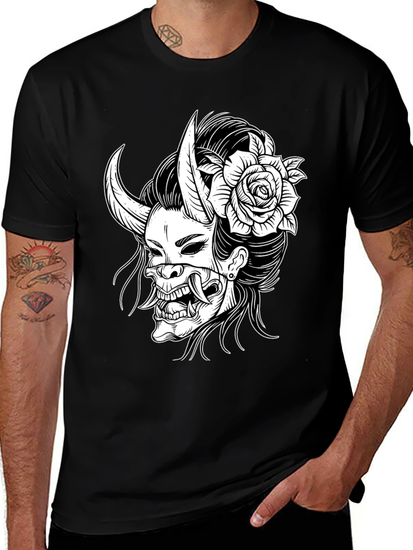 Variant 8 of Black T-Shirt with Oni Mask & Rose Graphic