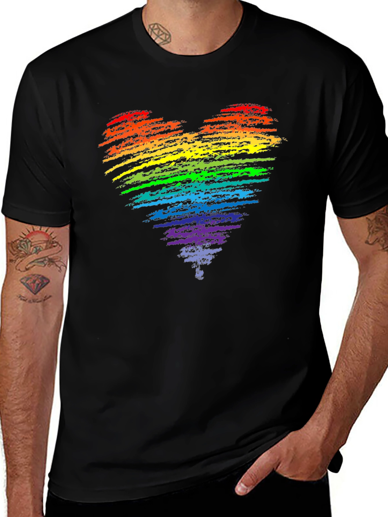 Variant 10 of Rainbow Heart Pride T-Shirt - Black Cotton Blend