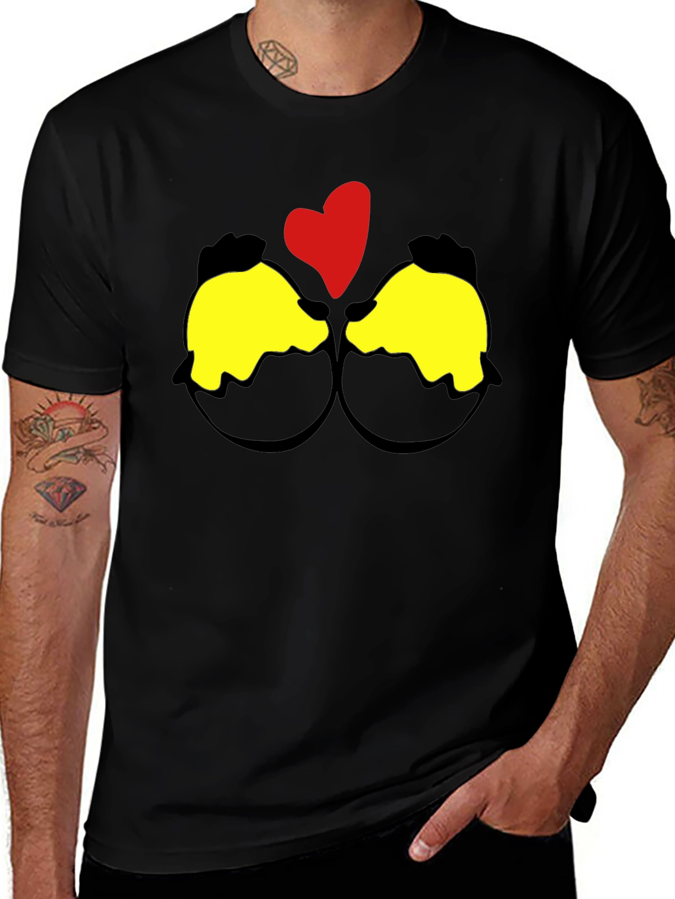 Variant 25 of Funny Cracked Egg Chick Heart Graphic Tee - Black Cotton T-Shirt