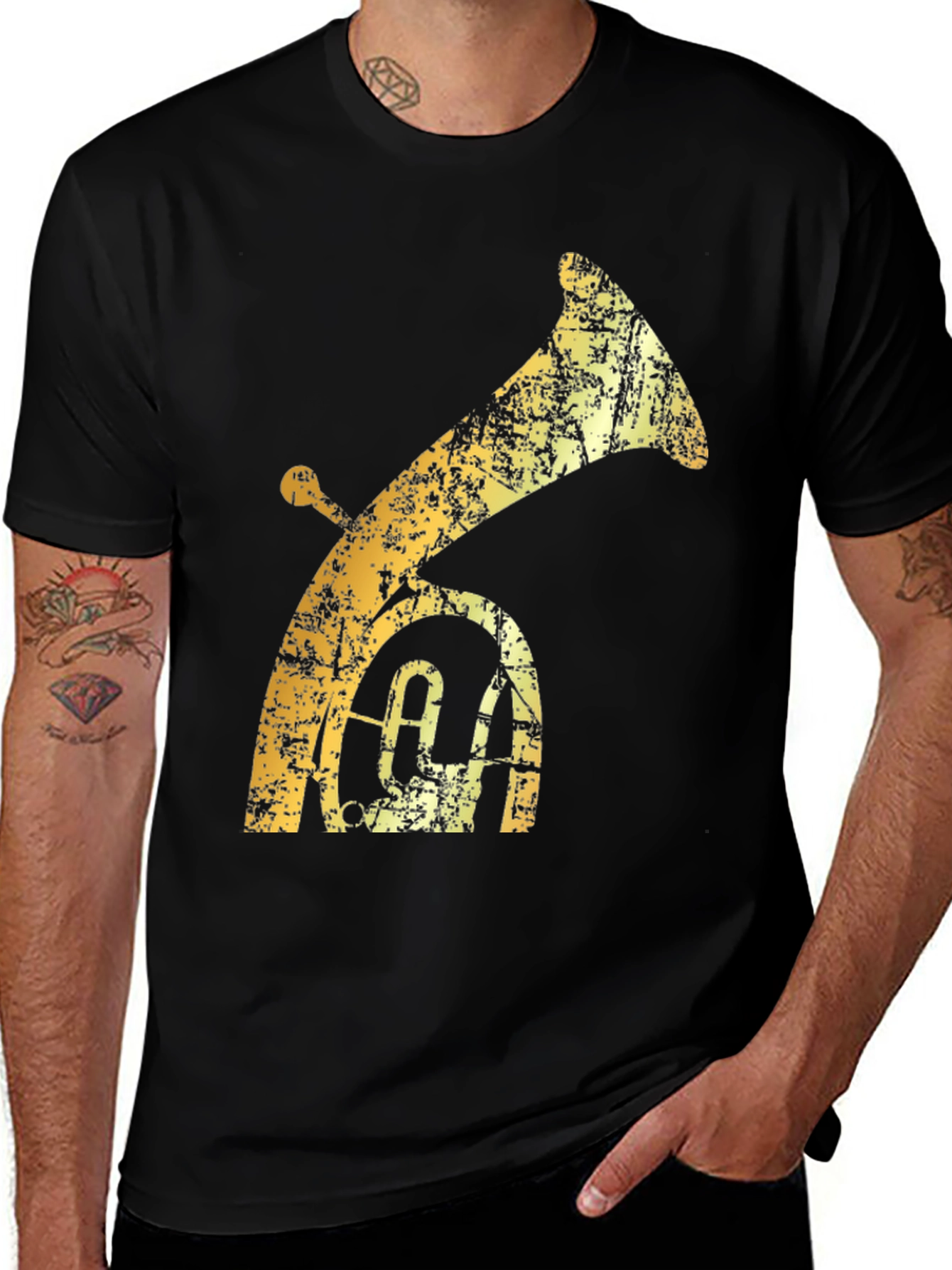 Variant 3 of Tuba Graphic T-Shirt - Distressed Gold on Black