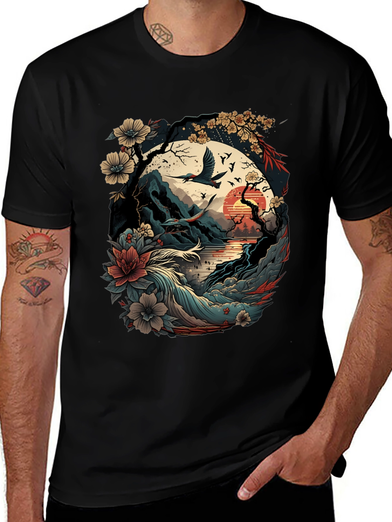 Variant 15 of Black T-Shirt with Japanese Style Landscape Graphic