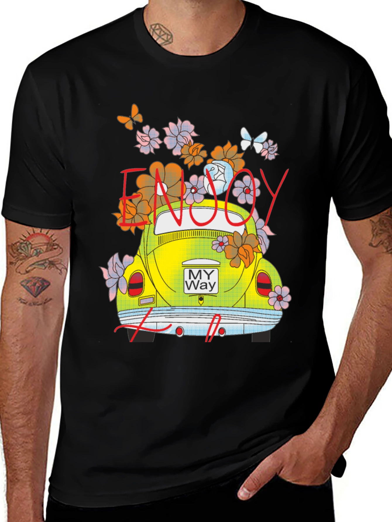 Variant 2 of Enjoy My Way T-Shirt with VW Beetle & Flowers