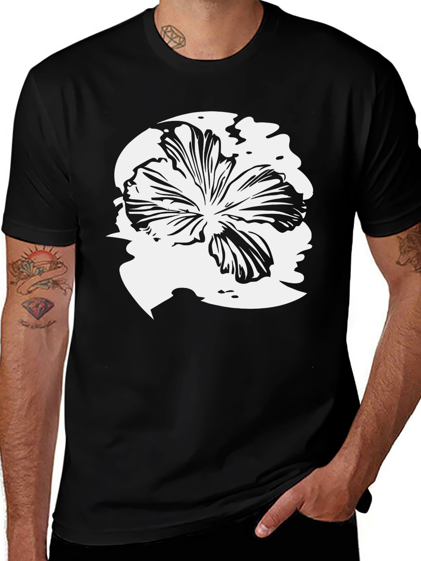 Black T-Shirt with White Floral Design
