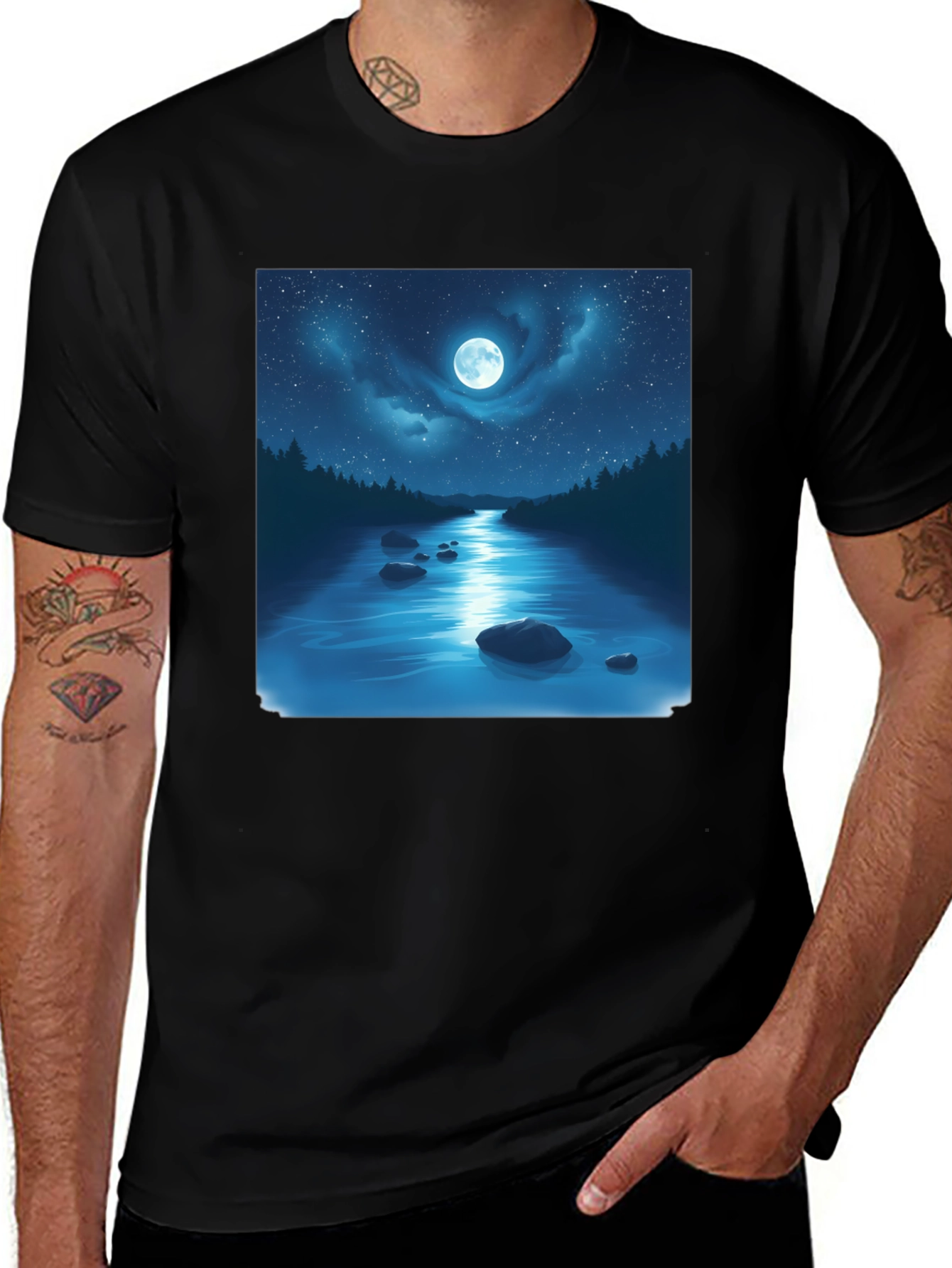 Moonlit River Graphic Tee - Night Sky Design