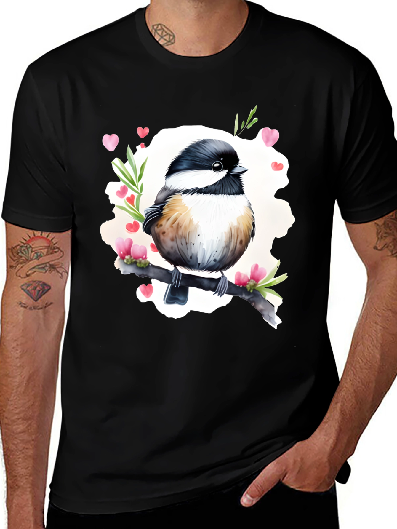 Variant 17 of Cute Bird with Hearts Black T-Shirt