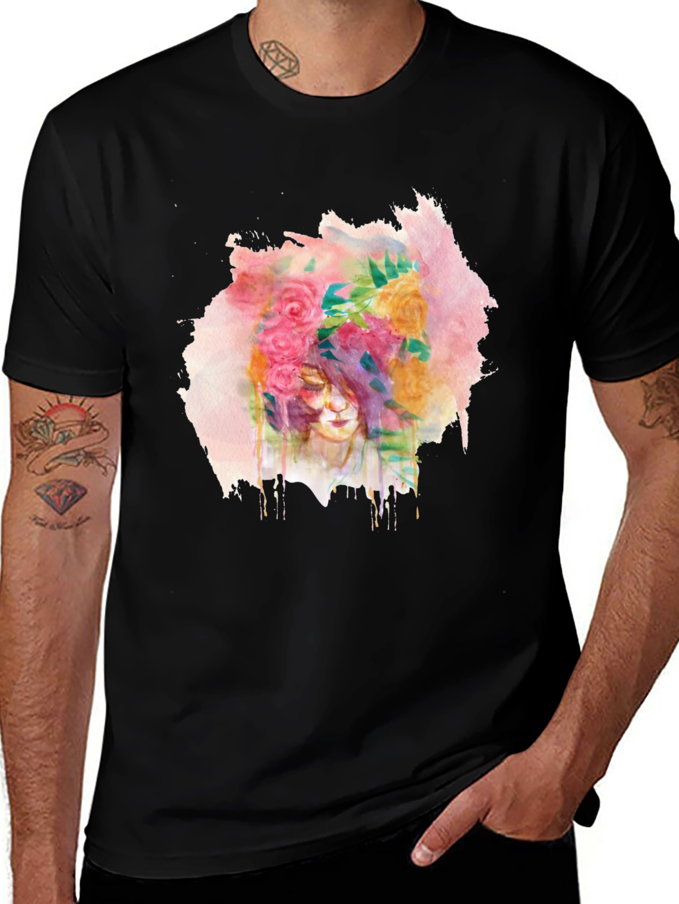 Variant 10 of Floral Watercolor Graphic Black T-Shirt
