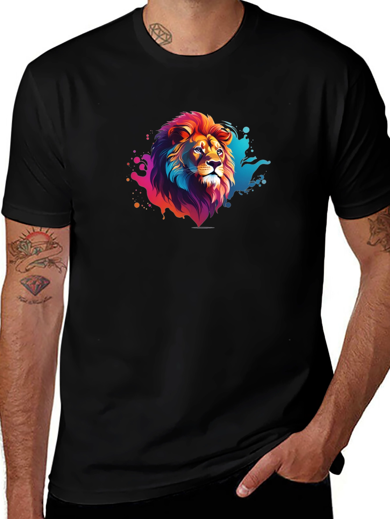 Variant 18 of Vibrant Lion Graphic Black Tee - Bold Style