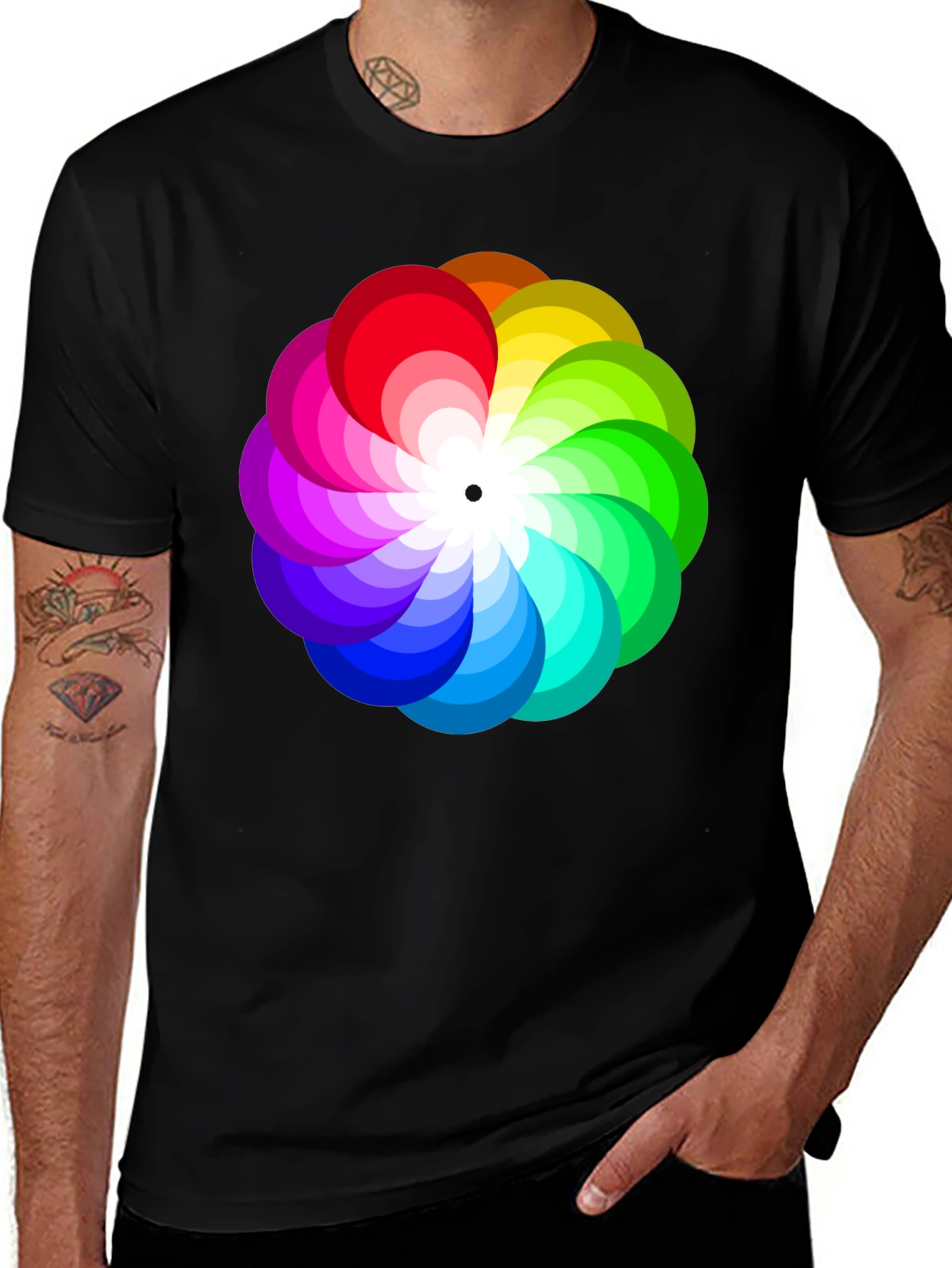 Variant 28 of Vibrant Rainbow Flower Graphic Black T-Shirt
