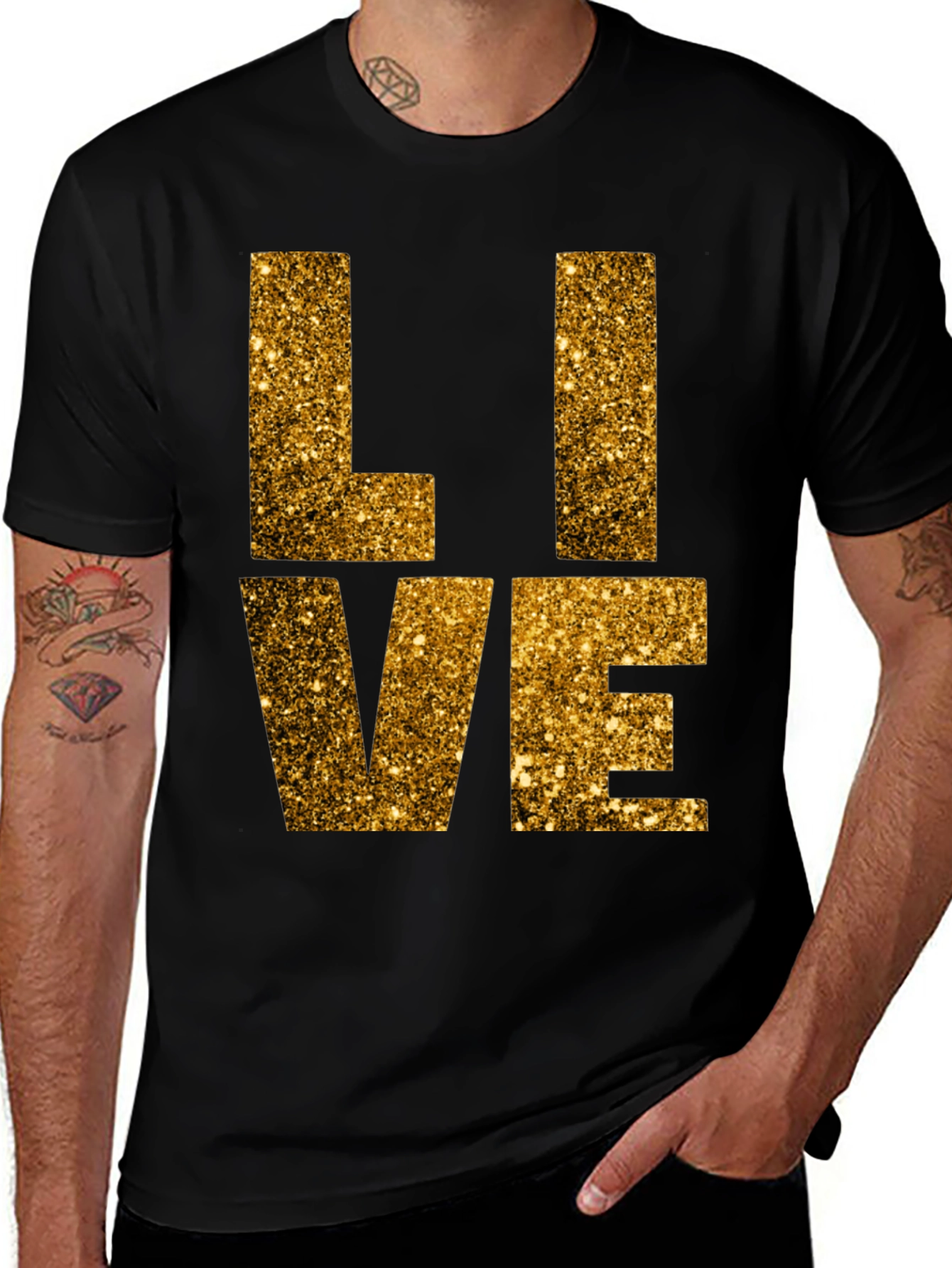 Variant 23 of Gold Glitter 'LIVE' Graphic Black T-Shirt