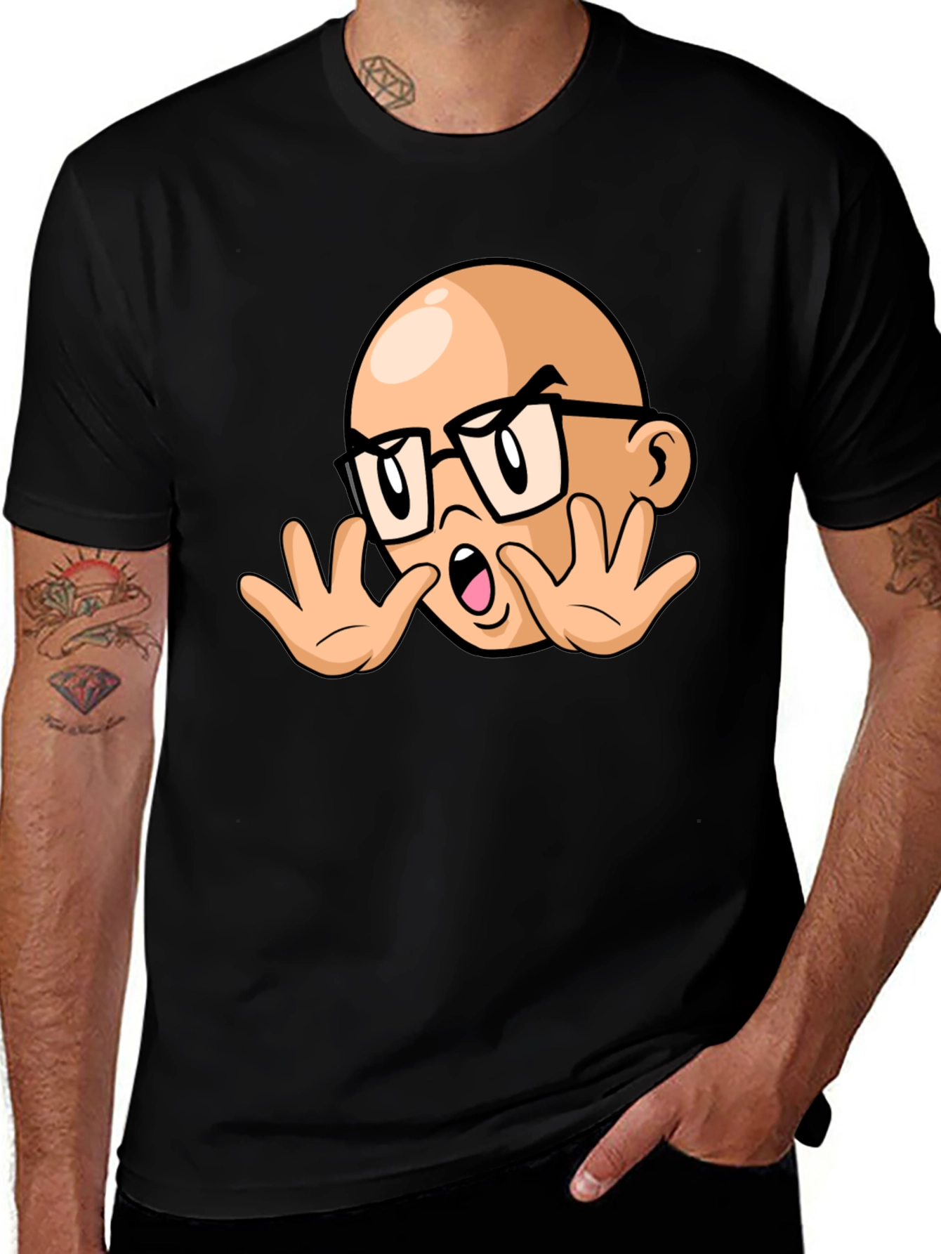 Variant 8 of Bald Nerd Cartoon Graphic Tee - Black Cotton Blend