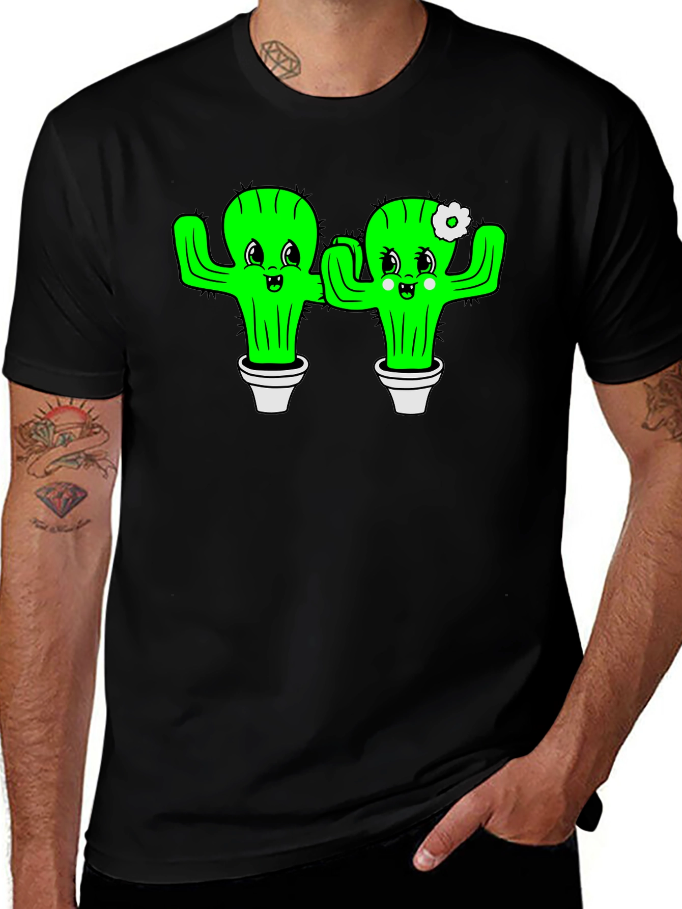 Variant 18 of Cute Cactus Couple Graphic Tee - Black Cotton T-Shirt