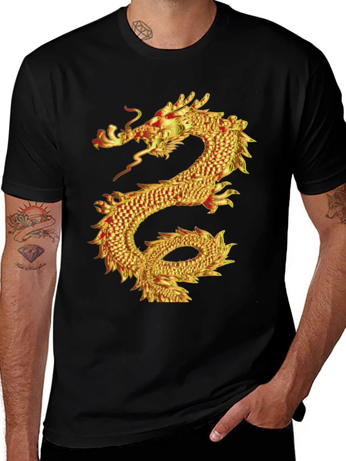 Variant 9 of Golden Dragon Graphic Print Black T-Shirt