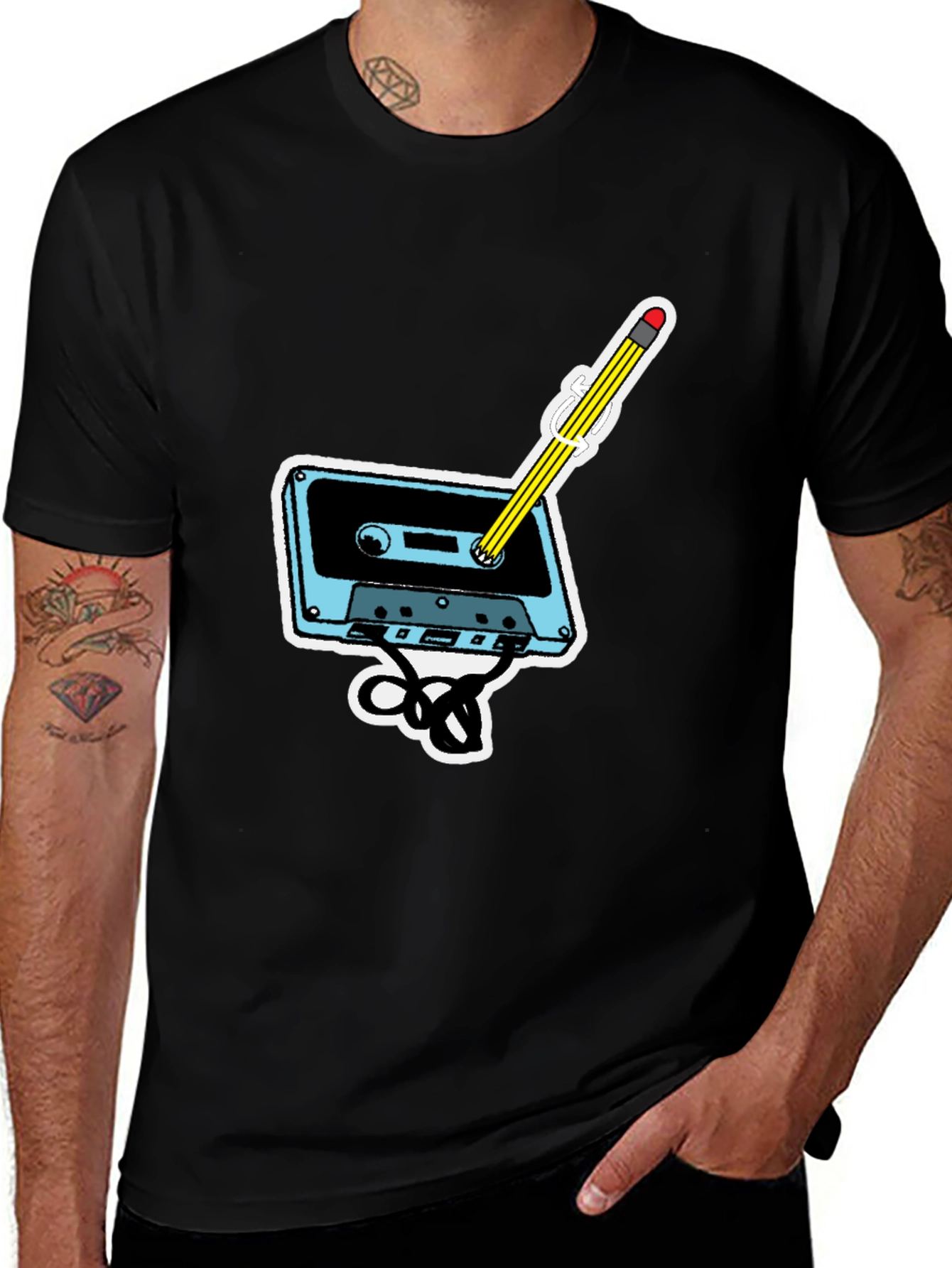 Black Retro Cassette & Pencil Graphic T-Shirt main image