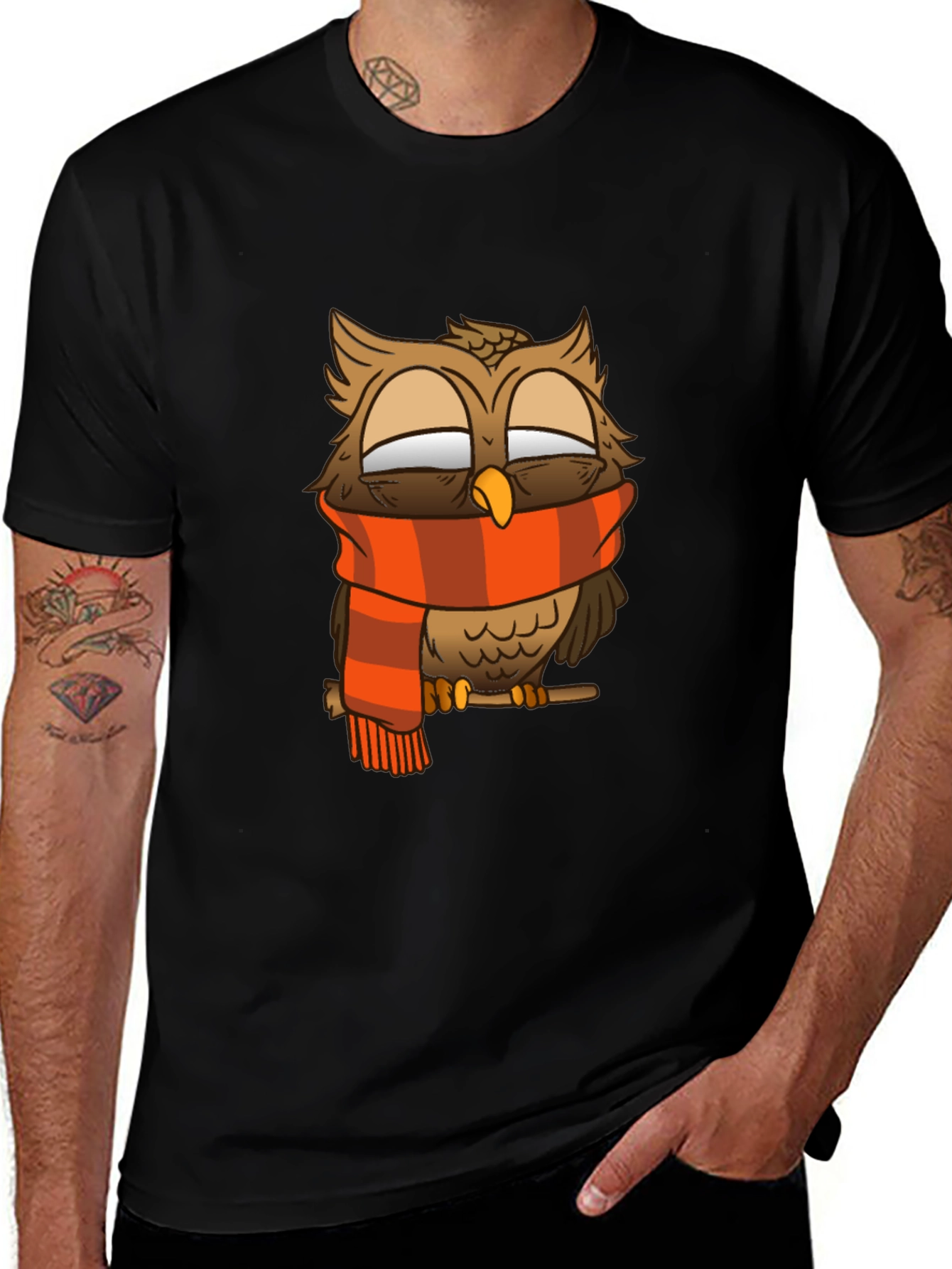 Variant 30 of Owl Scarf Graphic Tee - Black Cotton T-Shirt