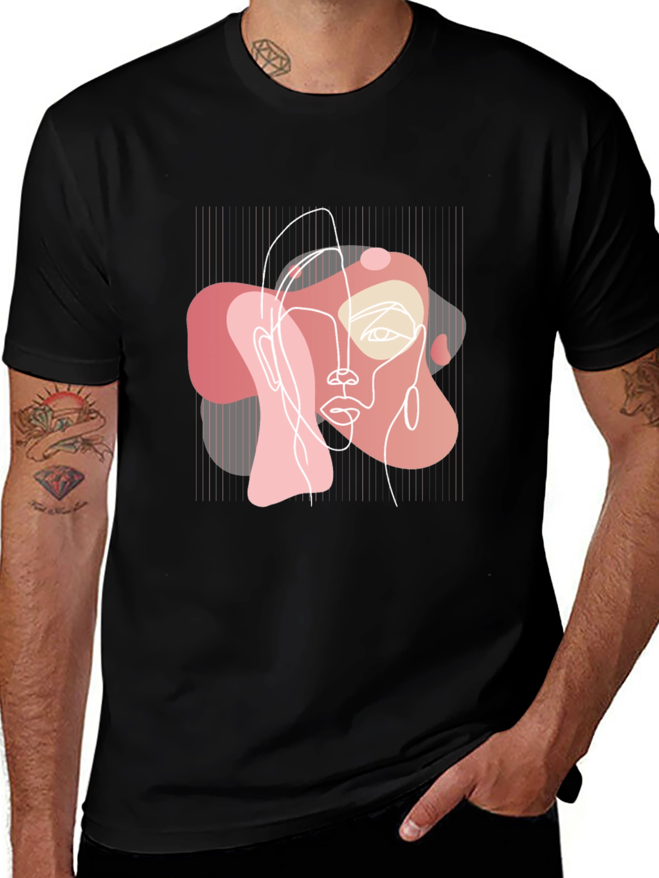 Abstract Face Line Art Black T-Shirt
