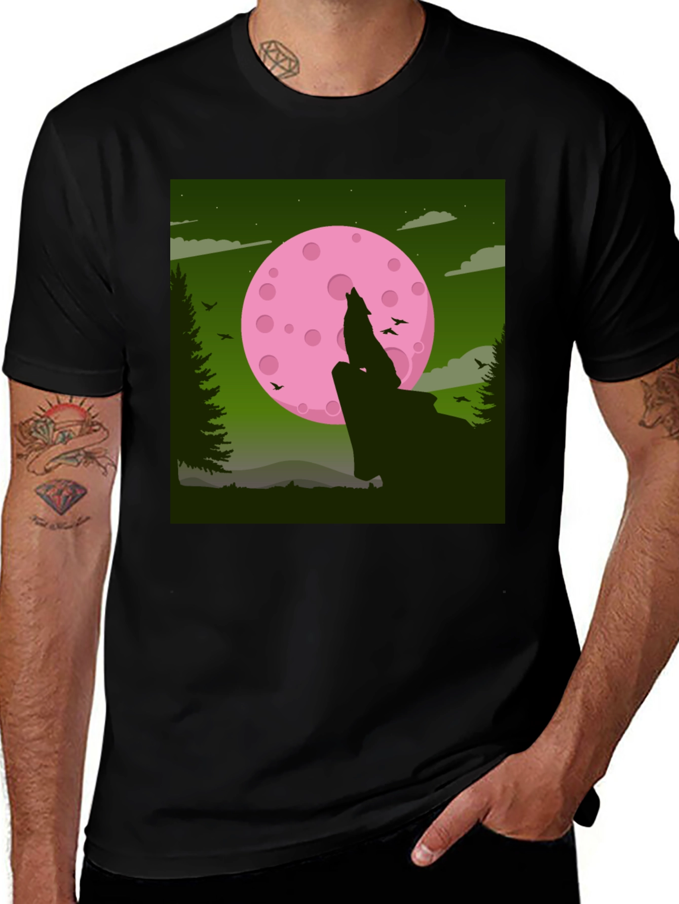 Variant 7 of Wolf Howling at Pink Moon Graphic Tee