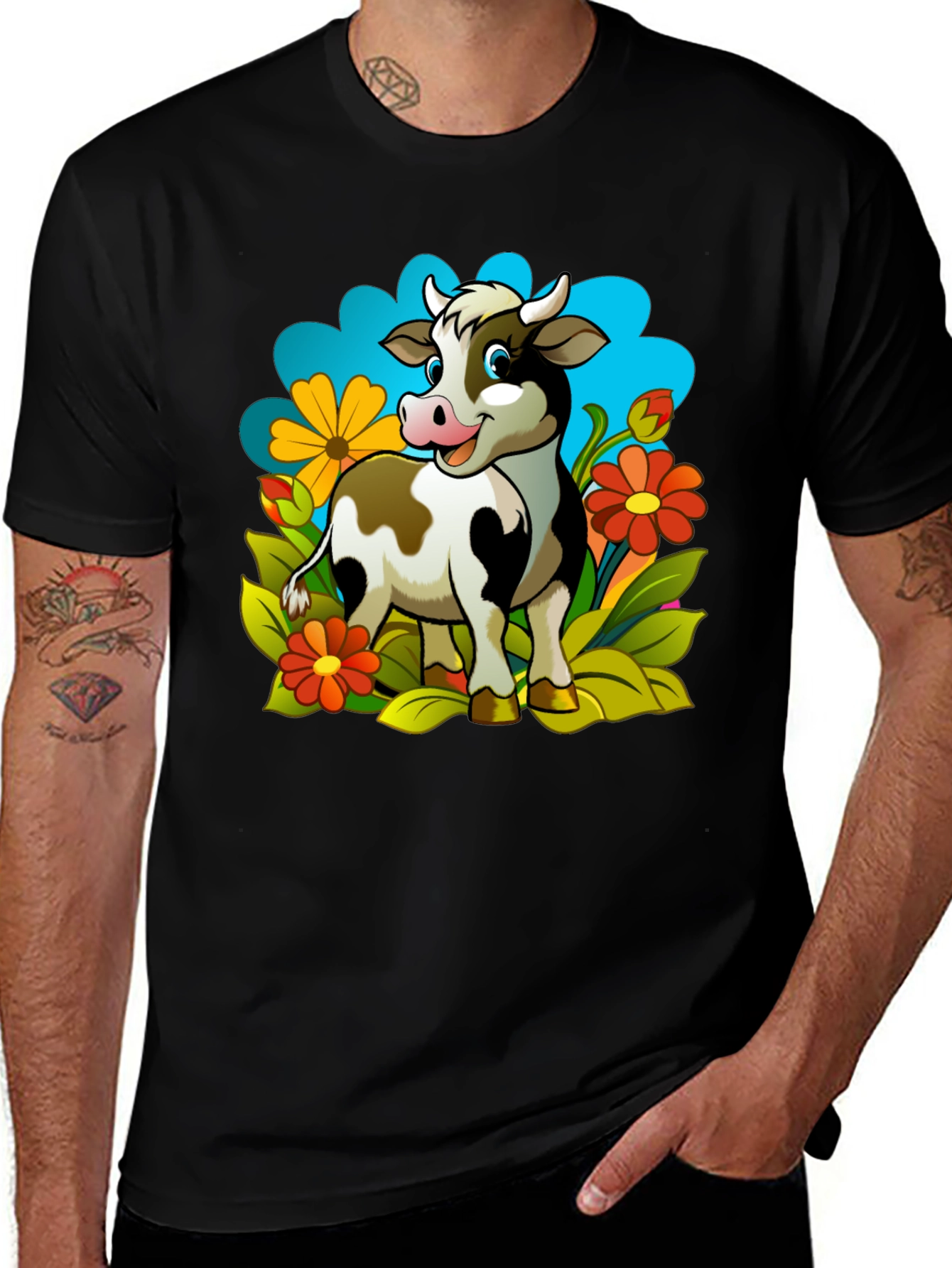 Variant 23 of Cartoon Cow Graphic Tee - Black Cotton T-Shirt