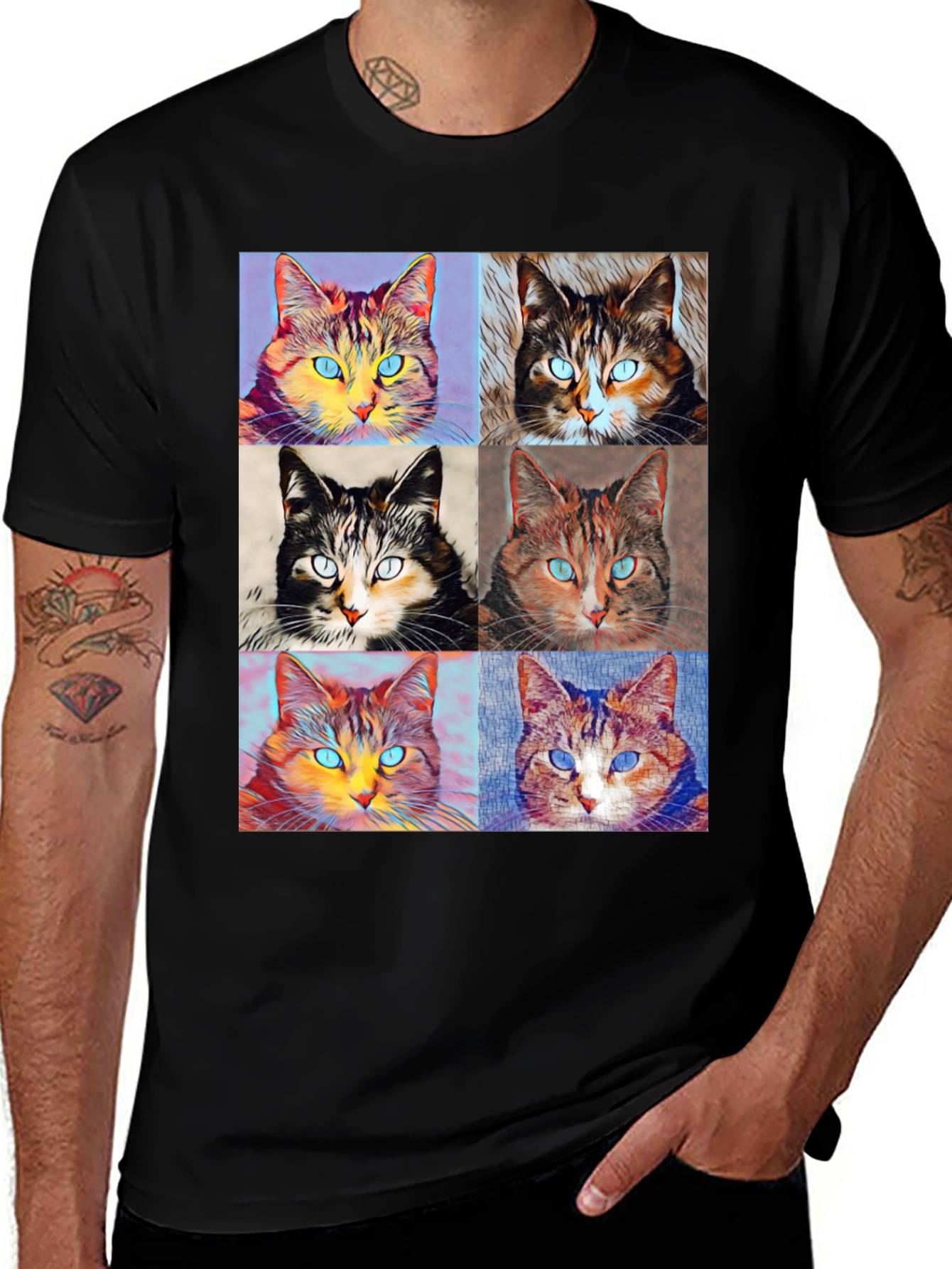 Variant 20 of Pop Art Cat T-Shirt - Black Cotton Graphic Tee