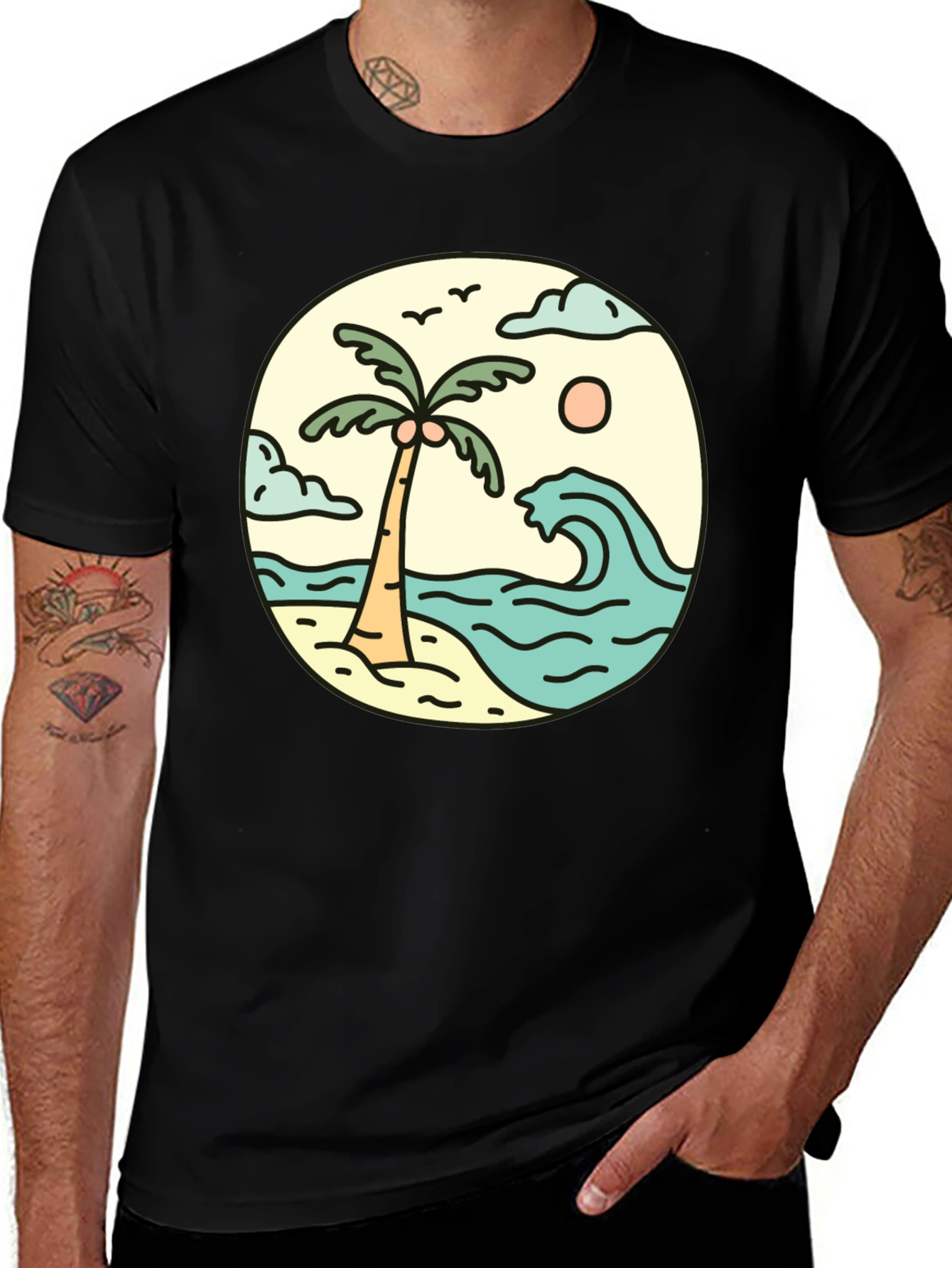 Variant 7 of Retro Beach Scene Graphic Tee - Black