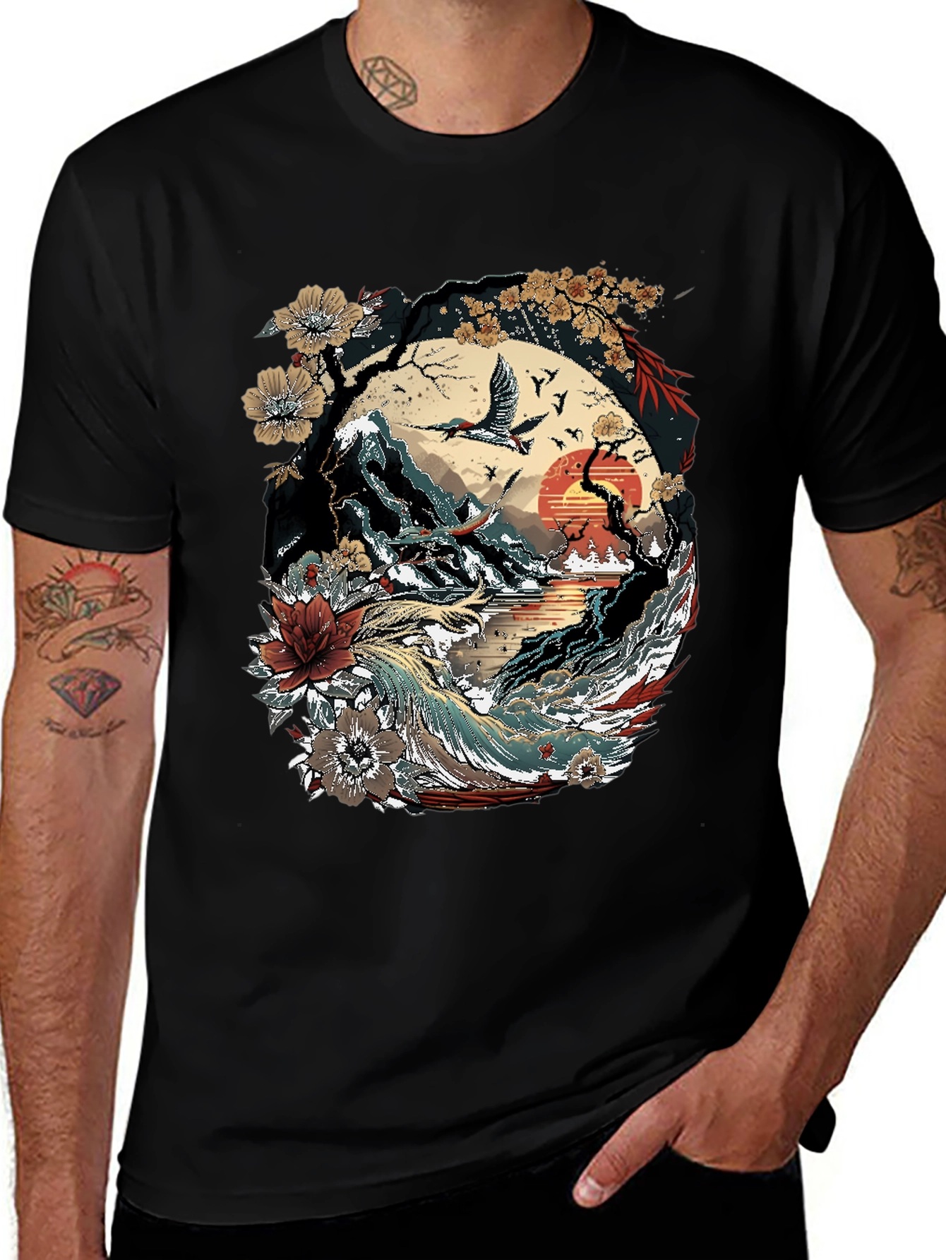 Variant 26 of Japanese Art Graphic T-Shirt - Crane, Wave, Sunrise