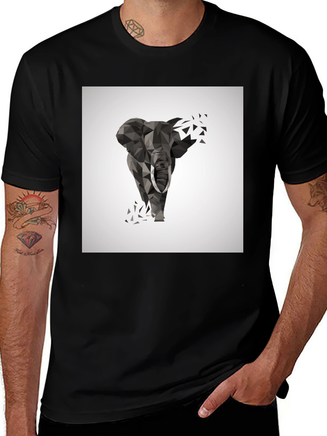 Variant 3 of Geometric Elephant Print Black T-Shirt