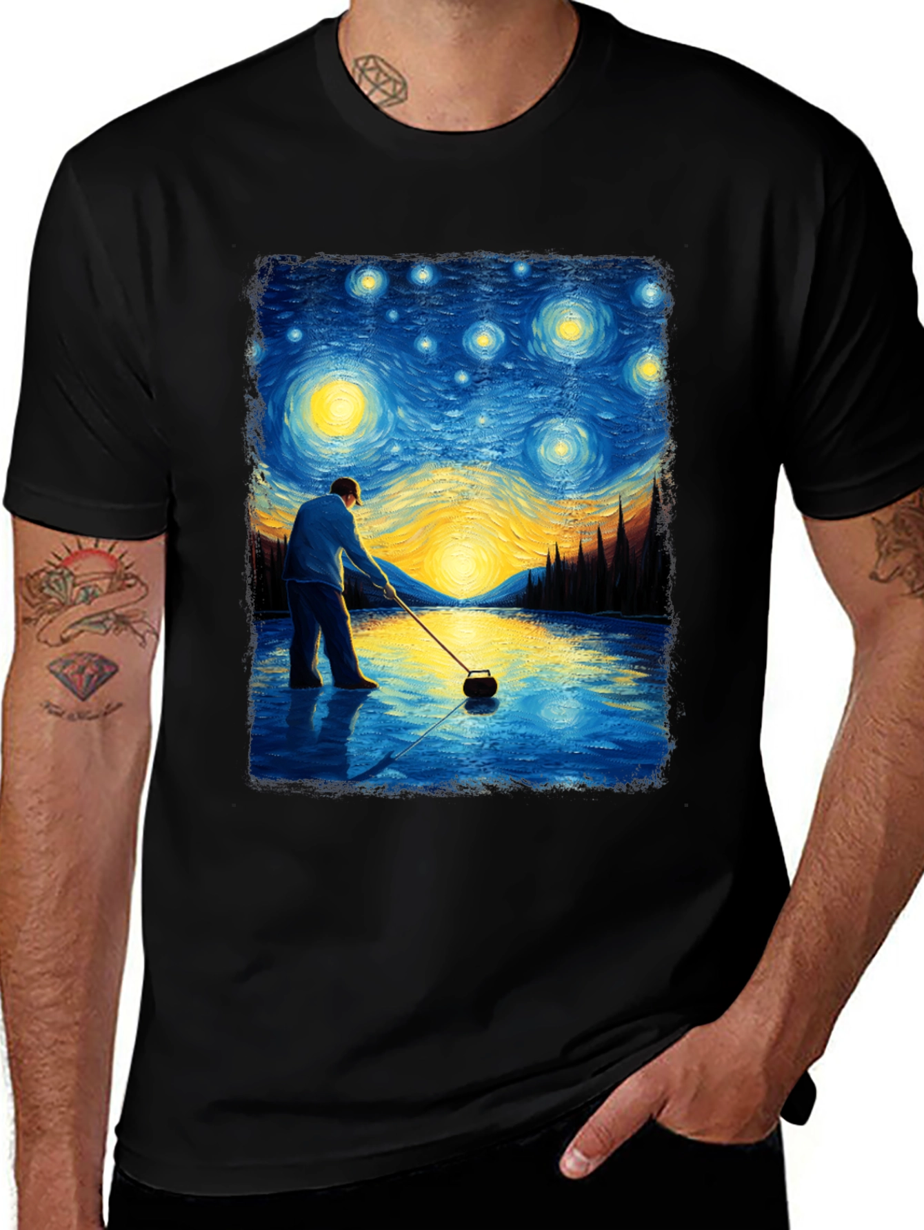 Variant 10 of Starry Night Curling T-Shirt - Artistic Black Tee