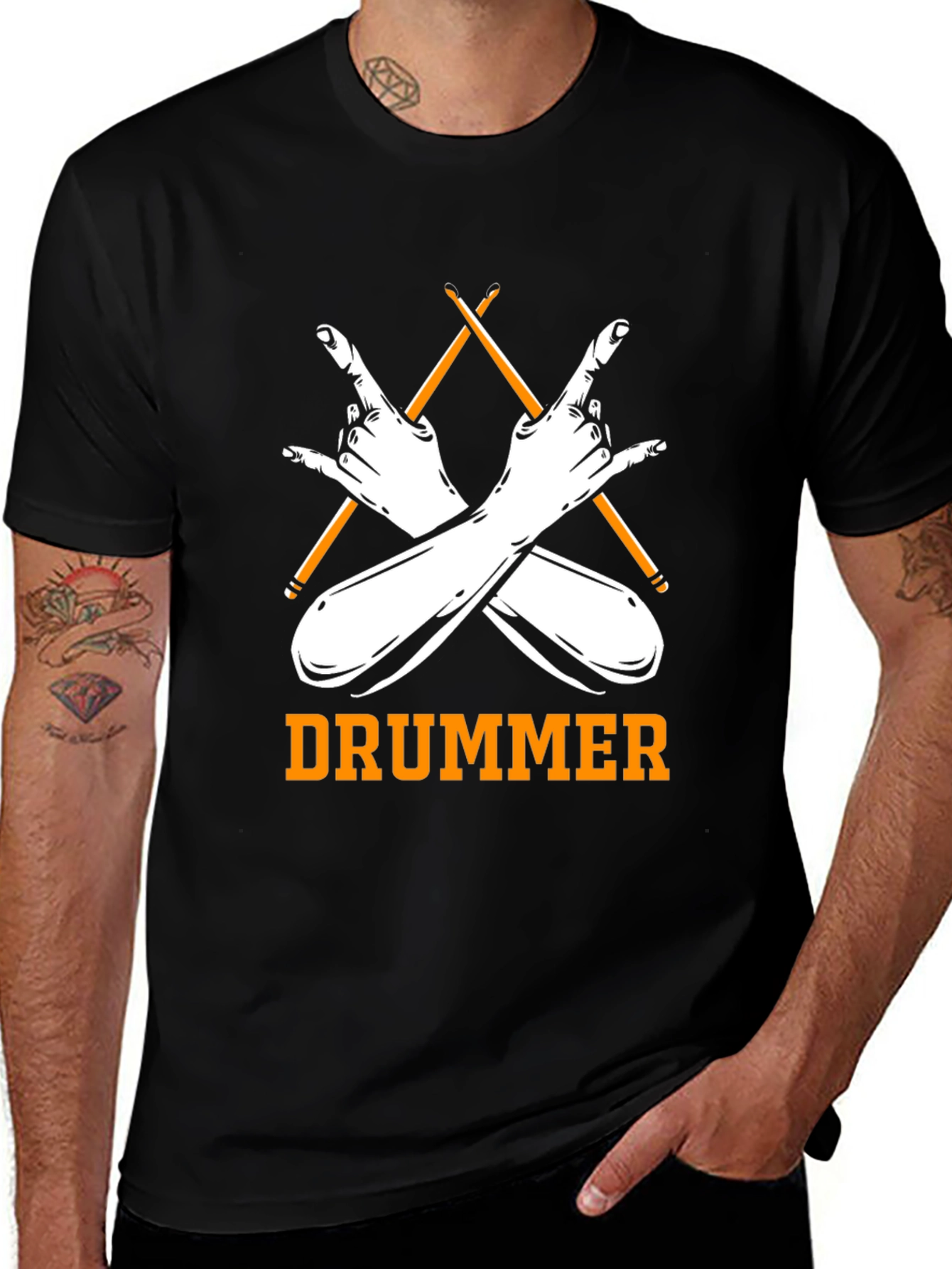 Variant 14 of Drummer T-Shirt with Rock Hand & Sticks Design