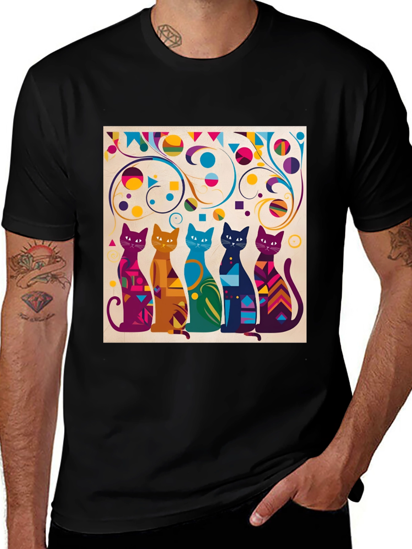 Variant 23 of Colorful Cats Graphic Tee - Trendy Crew Neck T-Shirt