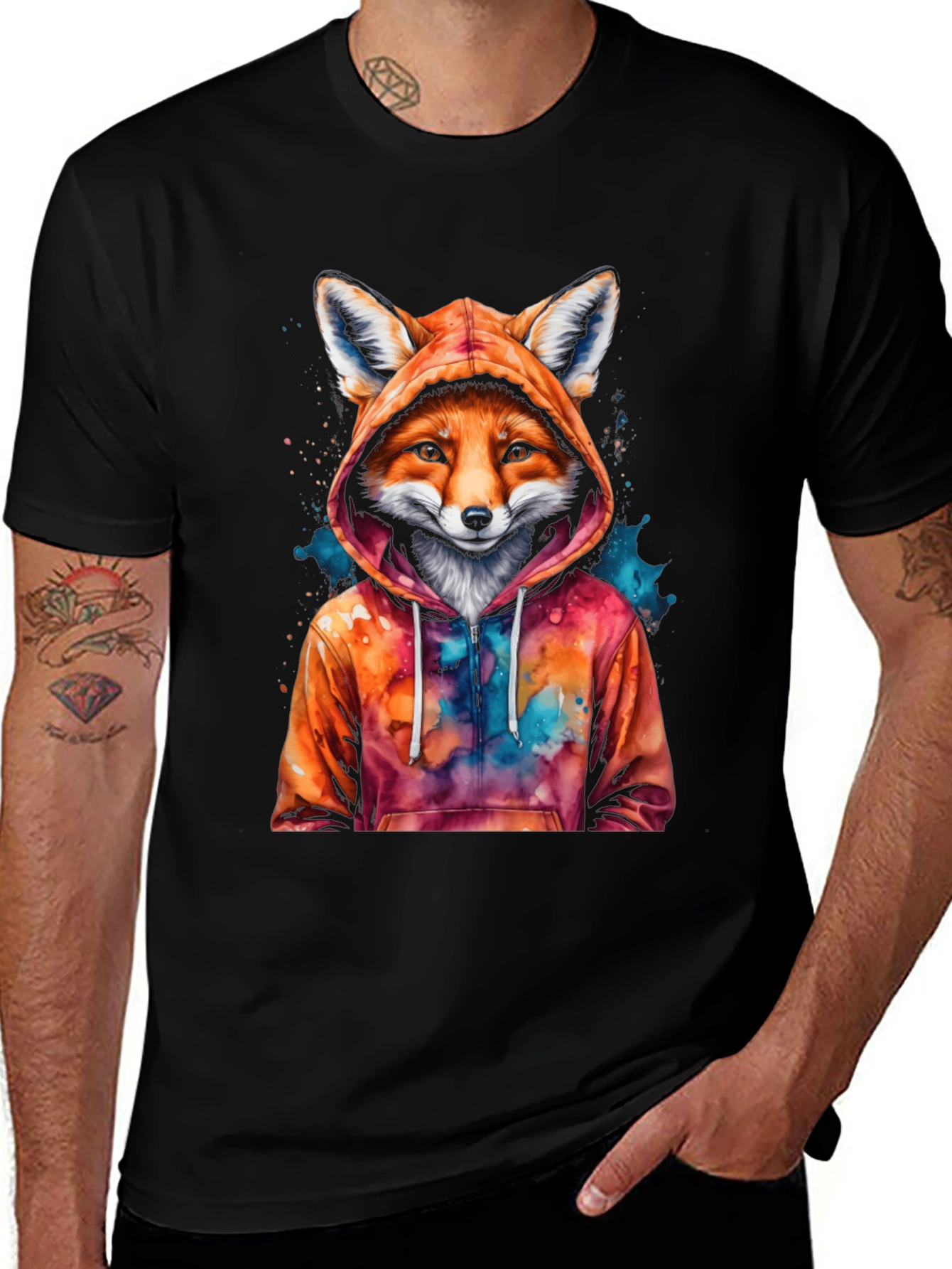 Variant 13 of Fox in Hoodie T-Shirt - Unique Watercolor Design