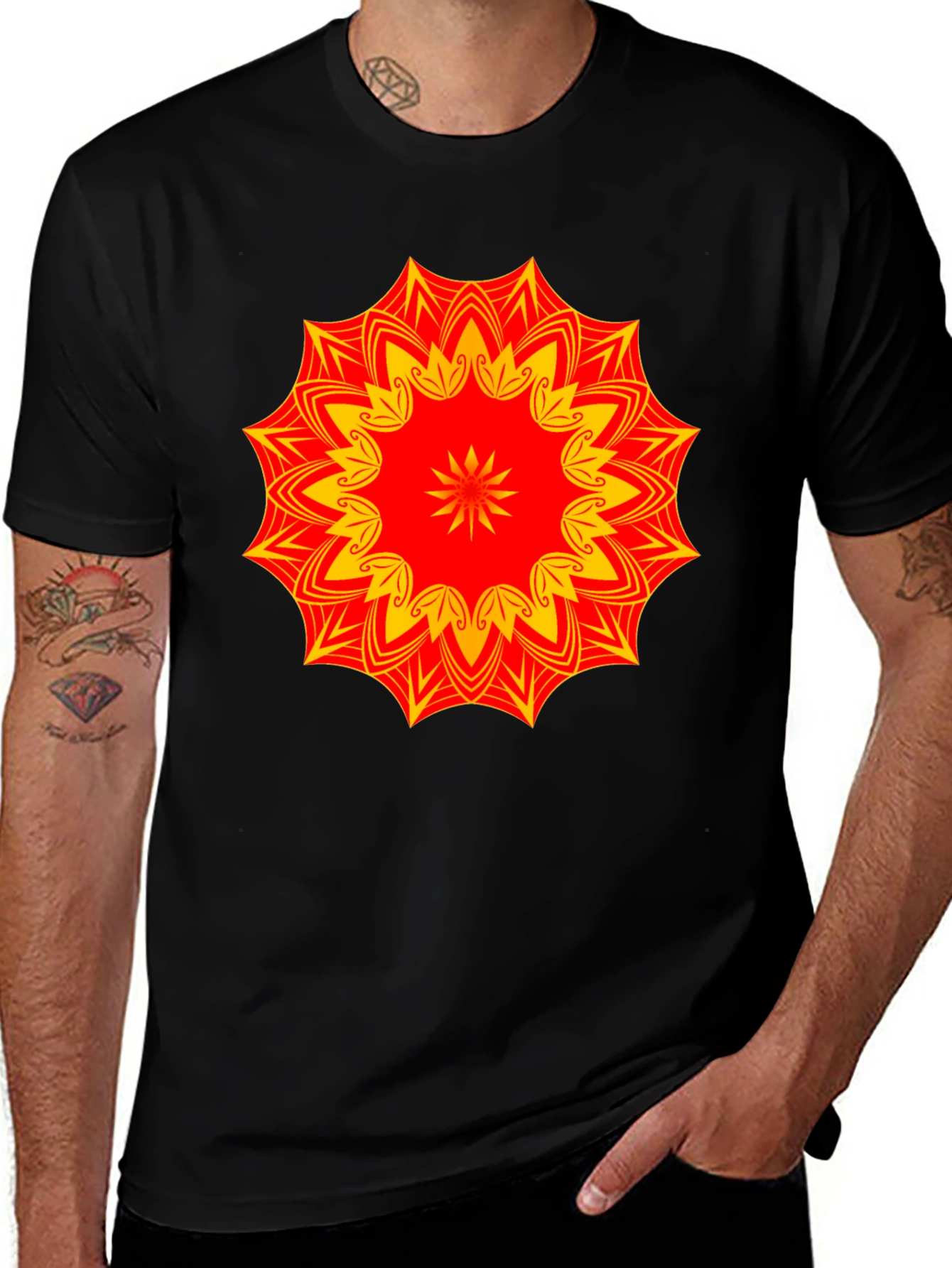 Variant 3 of Black T-Shirt with Red and Yellow Mandala Design