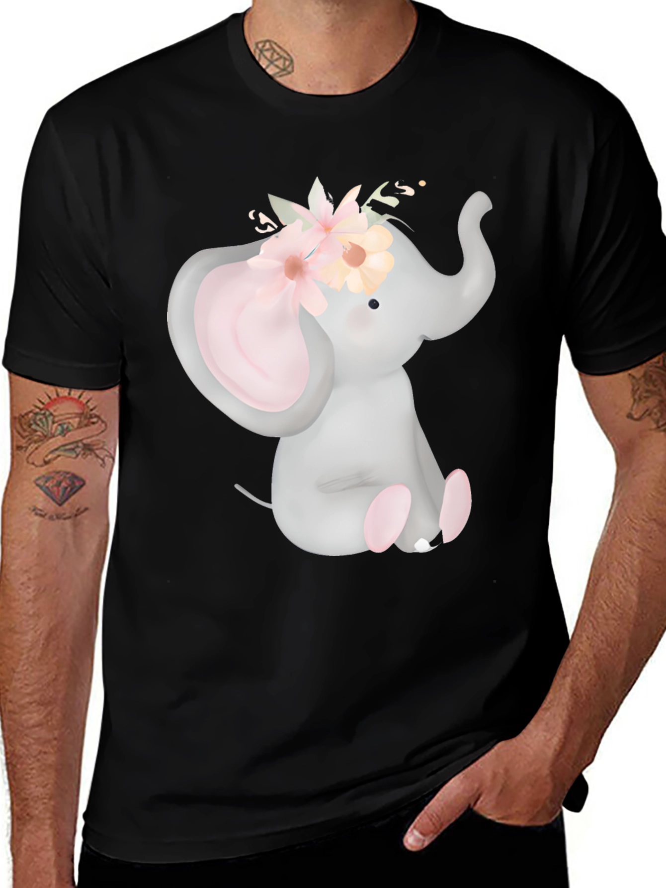 Variant 9 of Cute Elephant Floral T-Shirt - Unisex Black Tee