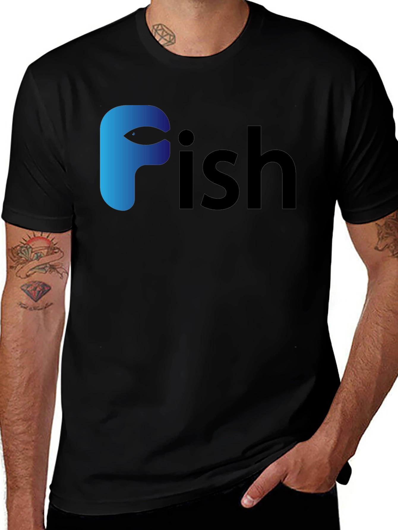 Variant 9 of Fish Logo Graphic Tee - Black Cotton T-Shirt